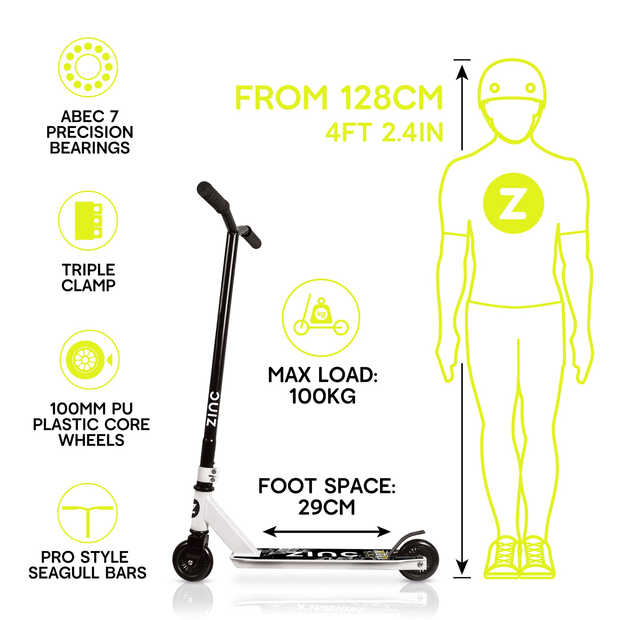 Zinc Backbone stunt scooter key features infographic highlighting seagull handlebars, steel frame, 100mm PU wheels, ABEC 7 bearings and safety brake