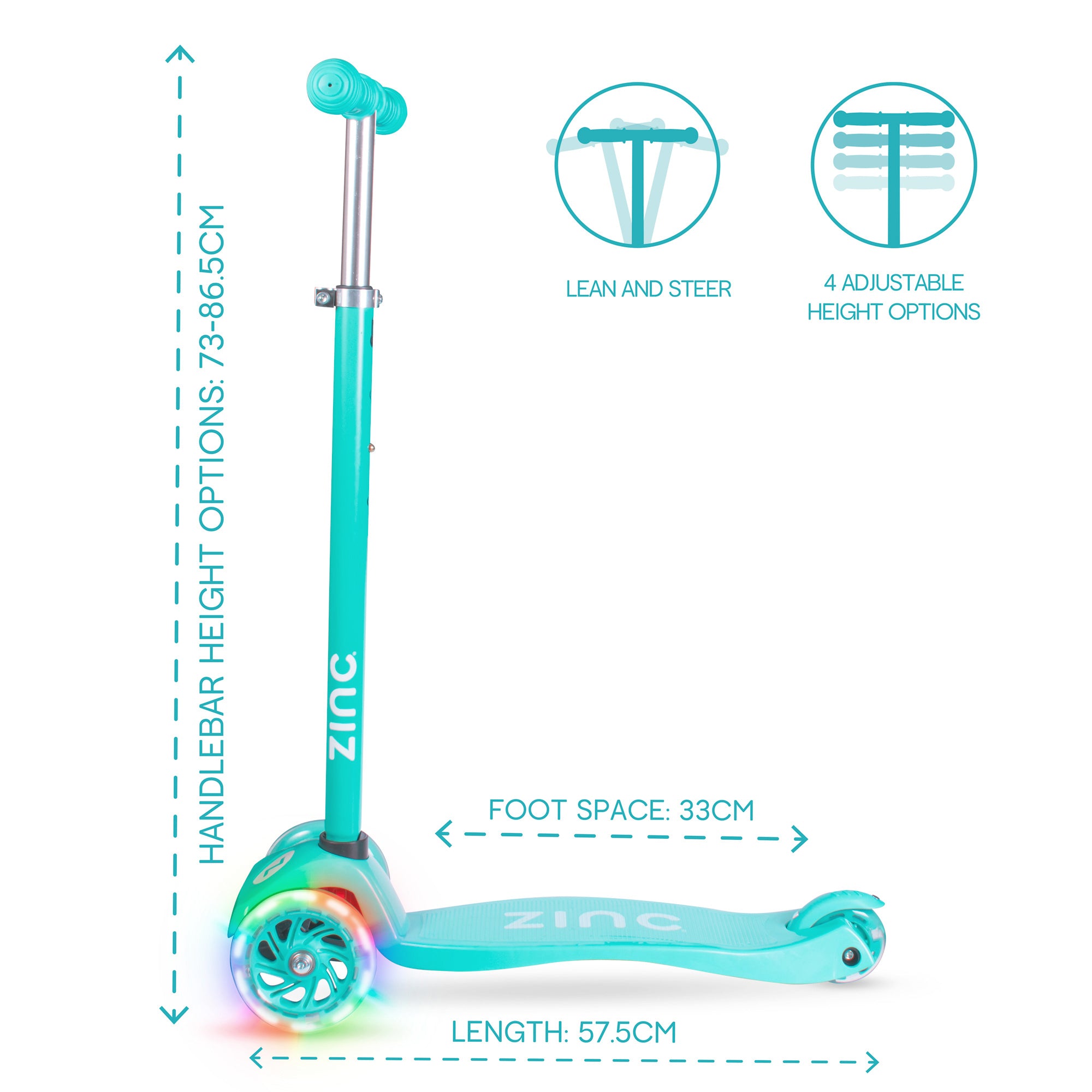 Zinc Three Wheeled Light Up Star Scooter Aqua - front angle view displaying handlebar controls and wheel configuration