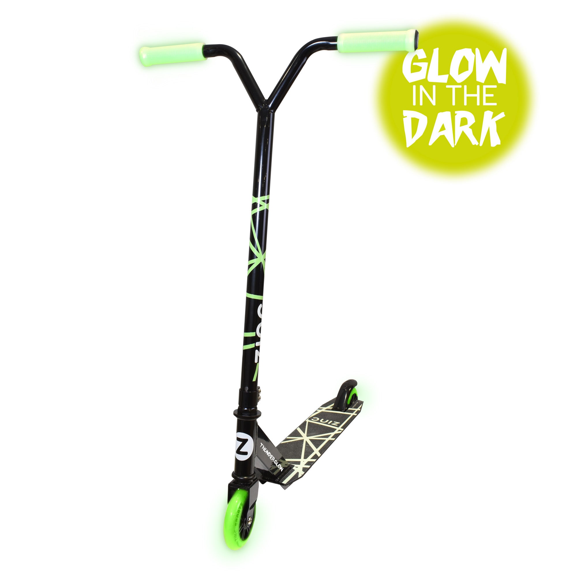 Zinc Thunderglow stunt scooter with glow-in-the-dark design, lightweight 2.86kg frame and 100mm wheels for ages 6+