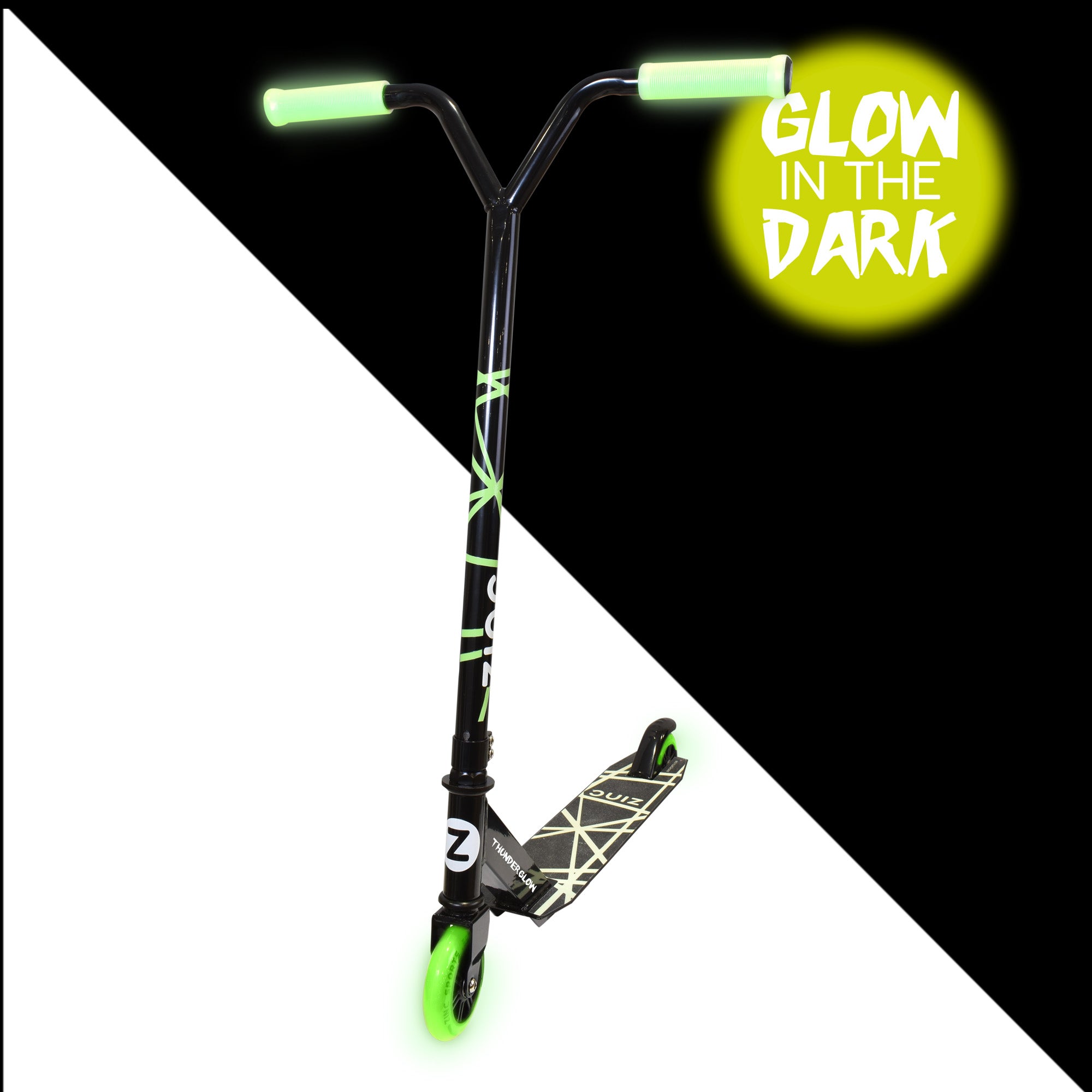 Zinc Thunderglow stunt scooter showing eye-catching glow-in-the-dark visibility features for enhanced style and safety