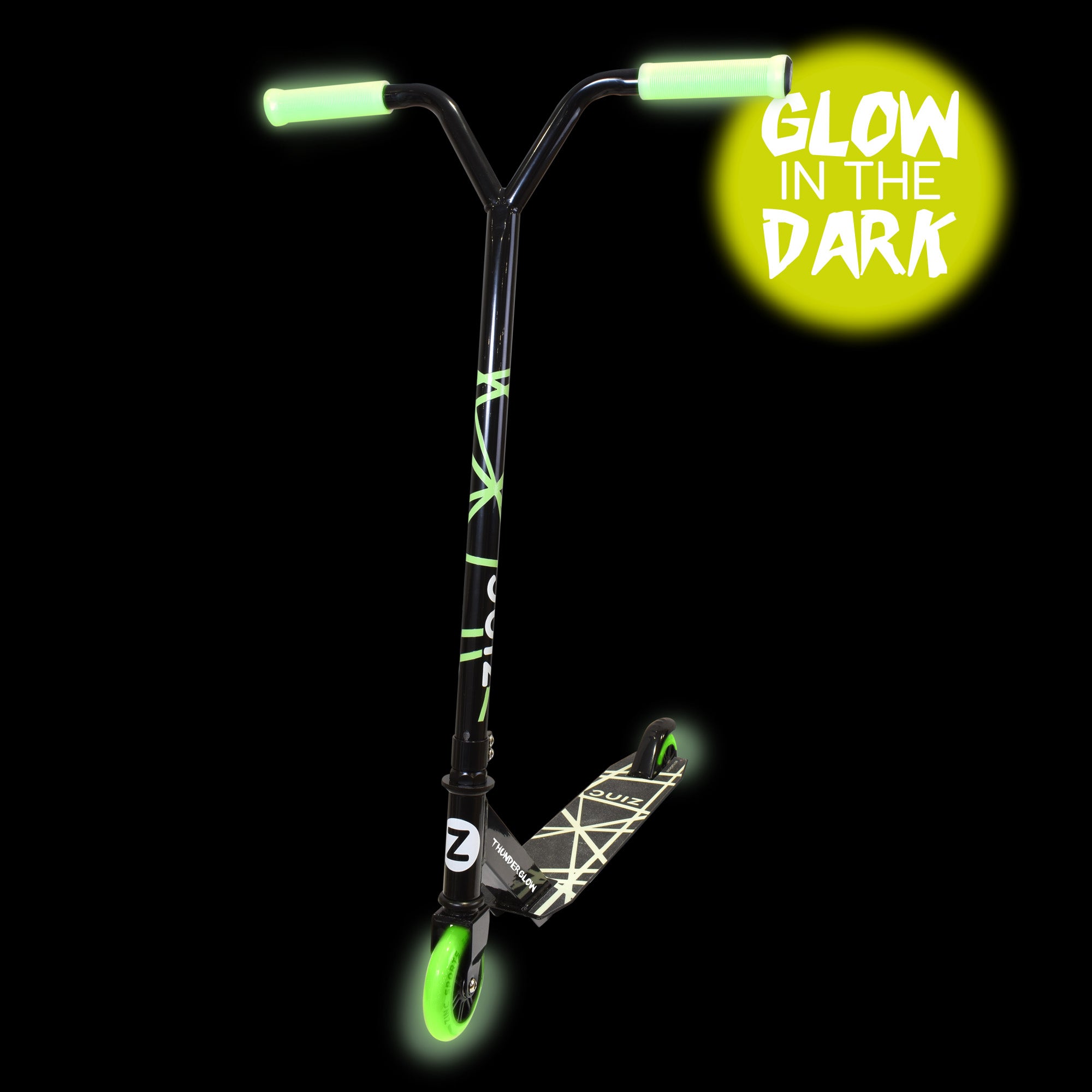 Zinc Thunderglow stunt scooter complete view showing beginner-friendly design with responsive steering for learning tricks