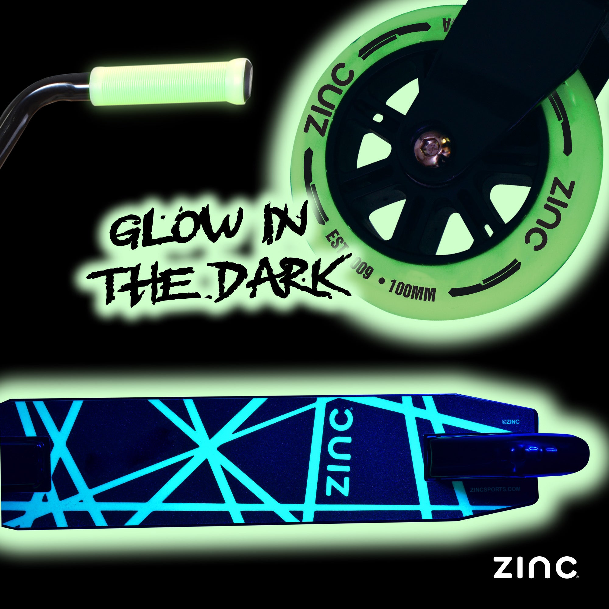 Zinc Thunderglow stunt scooter 100mm wheels with ABEC 9 bearings for buttery-smooth rides and effortless gliding
