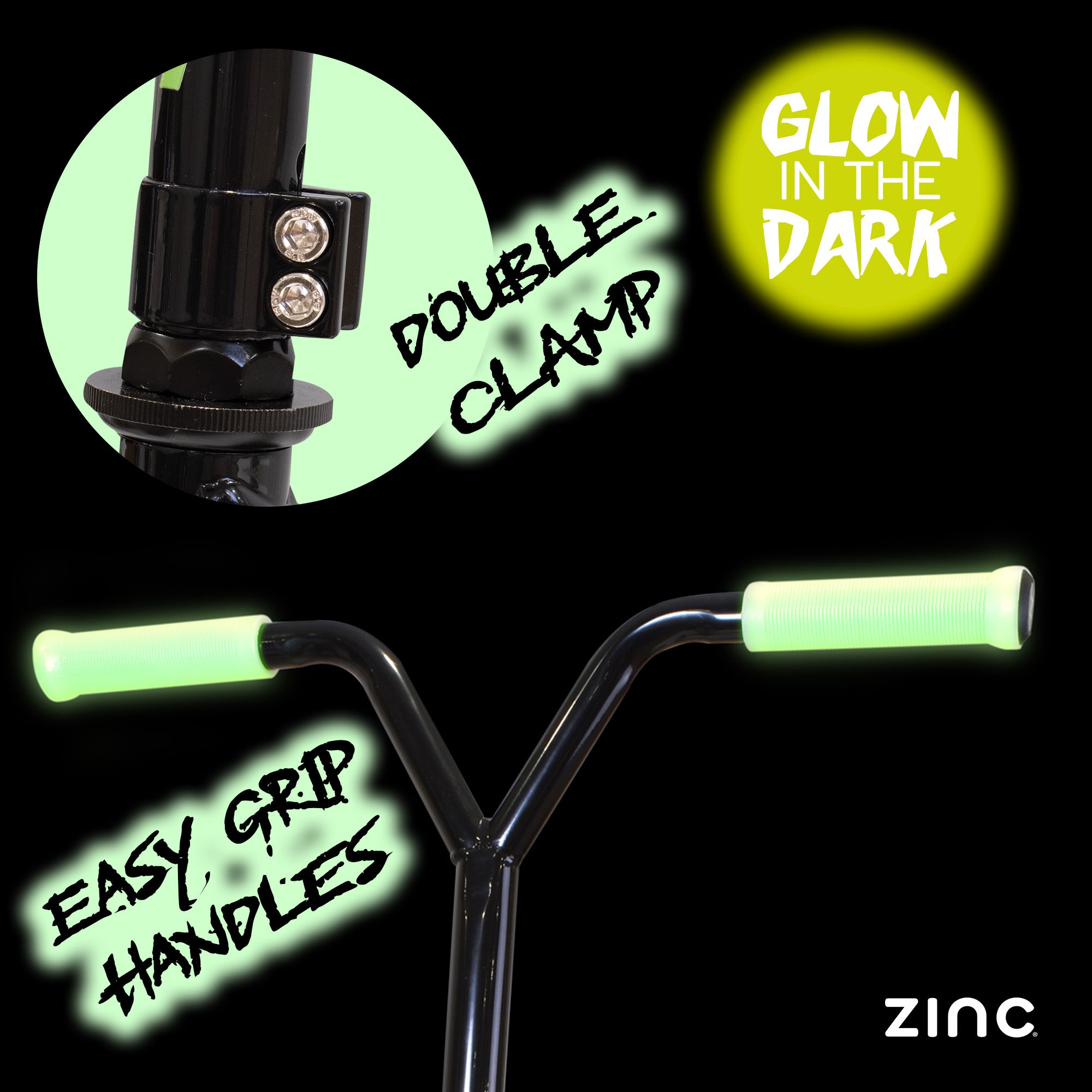 Zinc Thunderglow stunt scooter double clamp system with robust T-bar connection for rock-solid stability during tricks