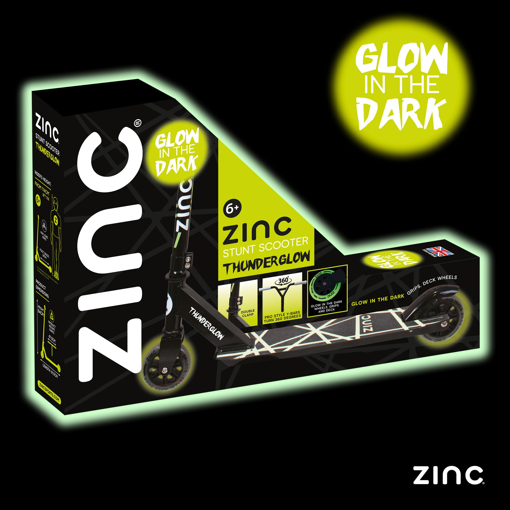 Zinc stunt scooter packaging with 'Glow in the Dark' feature on a black background