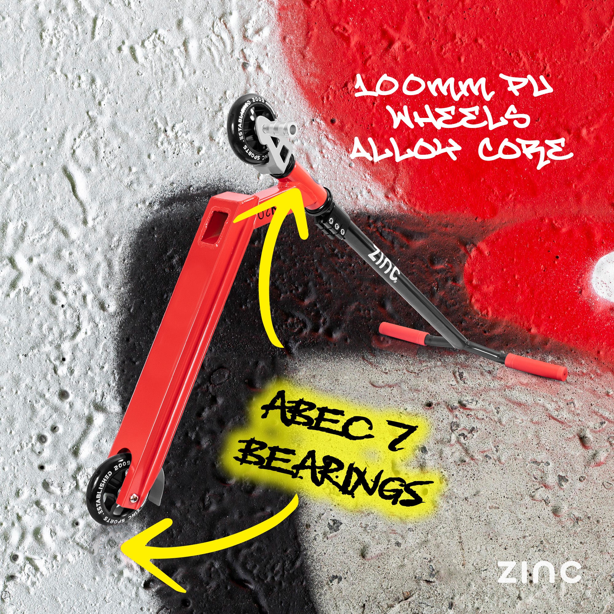 Red scooter with labelled components on a textured surface highlighting ABEC 7 bearings