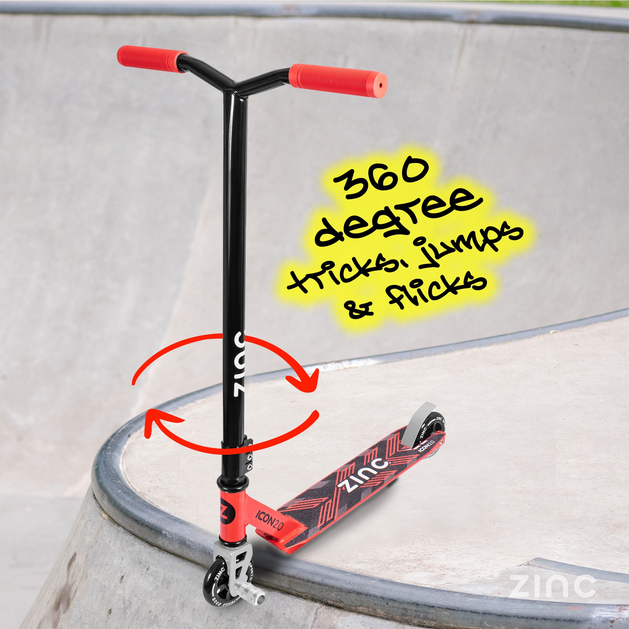 Icon 2.0 stunt scooter side view showing lightweight 2.95kg frame and 360-degree rotating deck capability