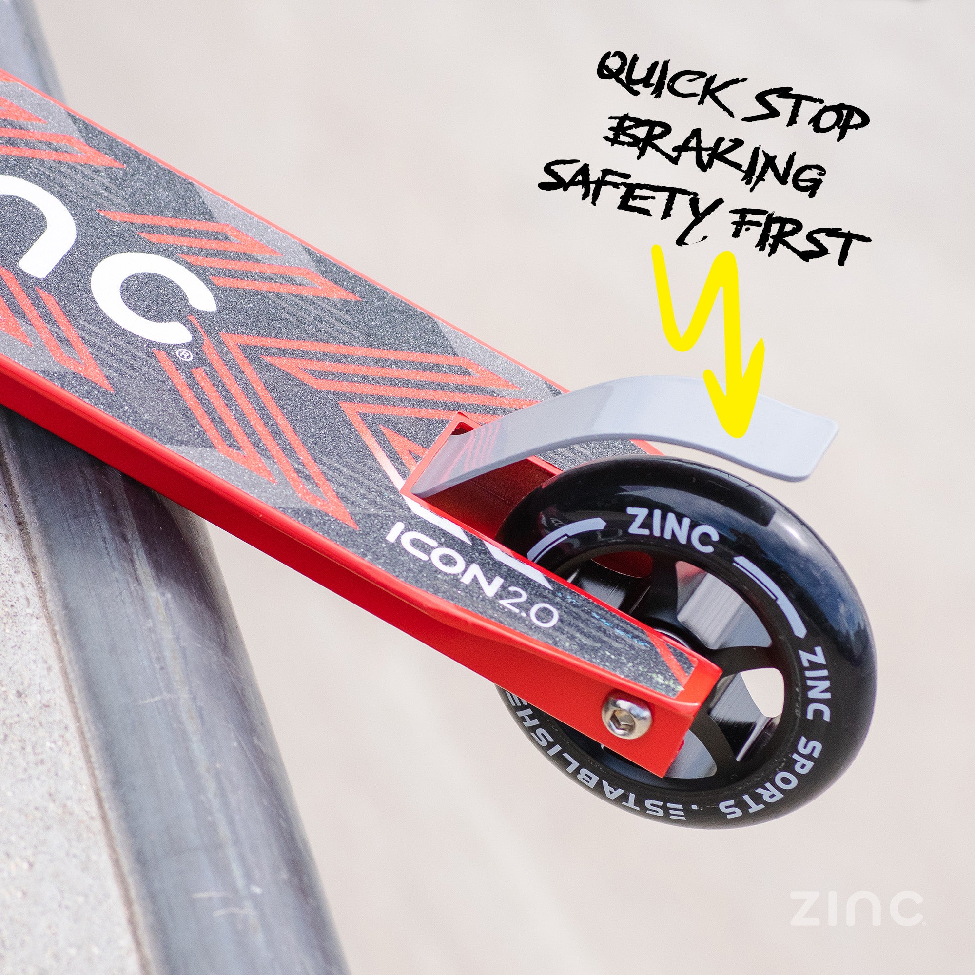 "Icon 2.0 stunt scooter deck showing anti-slip footplate and precision ABEC 7 bearing wheels