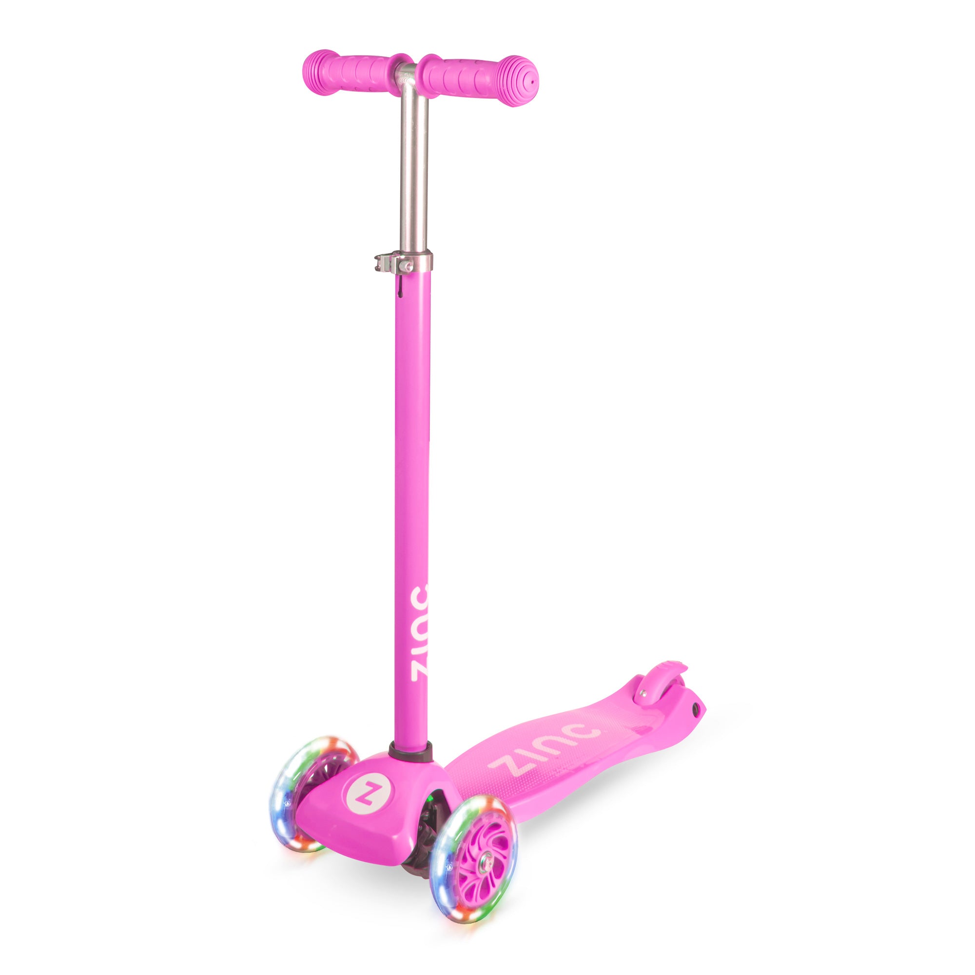 A pink three-wheeled scooter with light up wheels designed for children, featuring a rear footbrake and adjustable height handlebars.