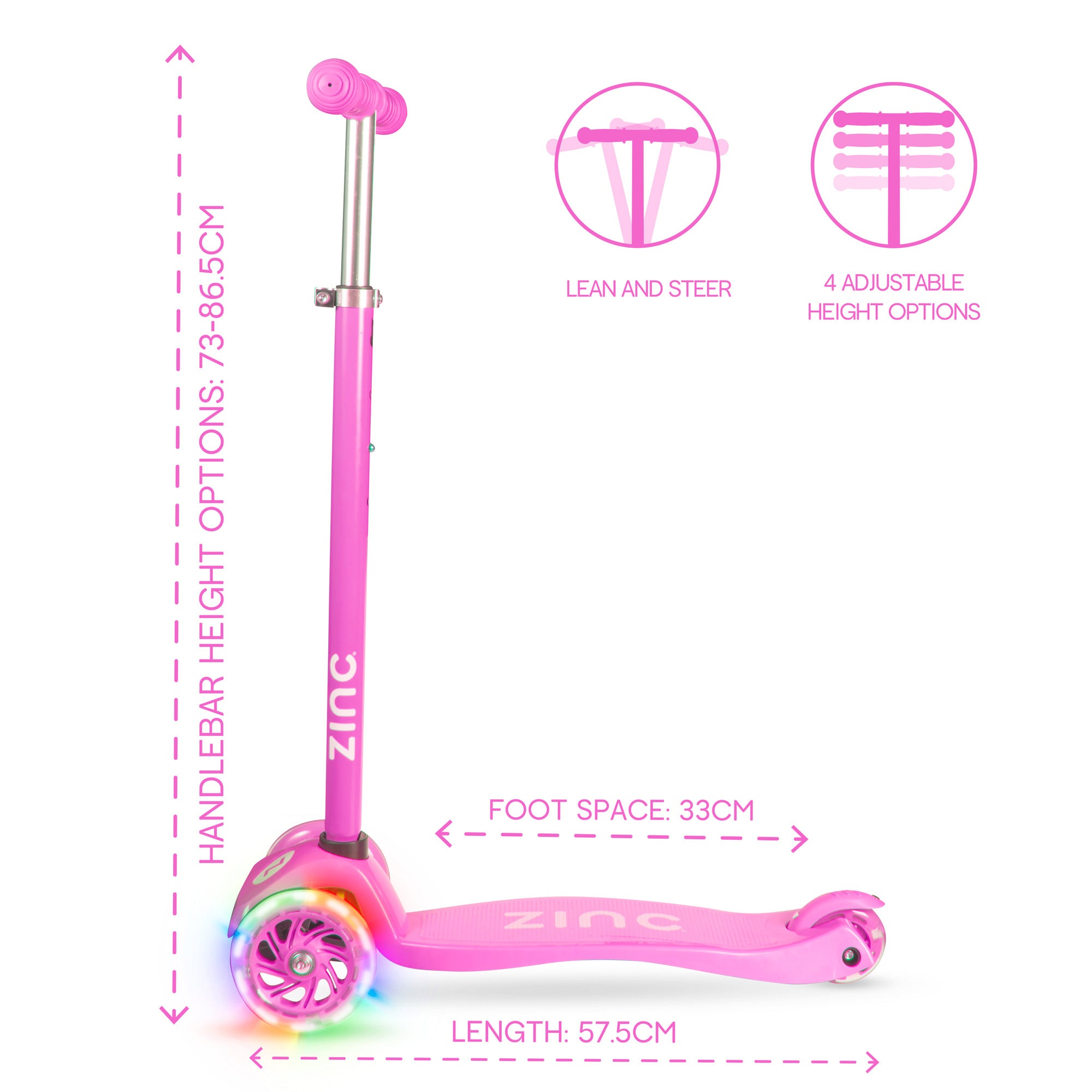 Zinc Three Wheeled Light Up Star Scooter Pink - front angle view displaying handlebar controls and wheel configuration