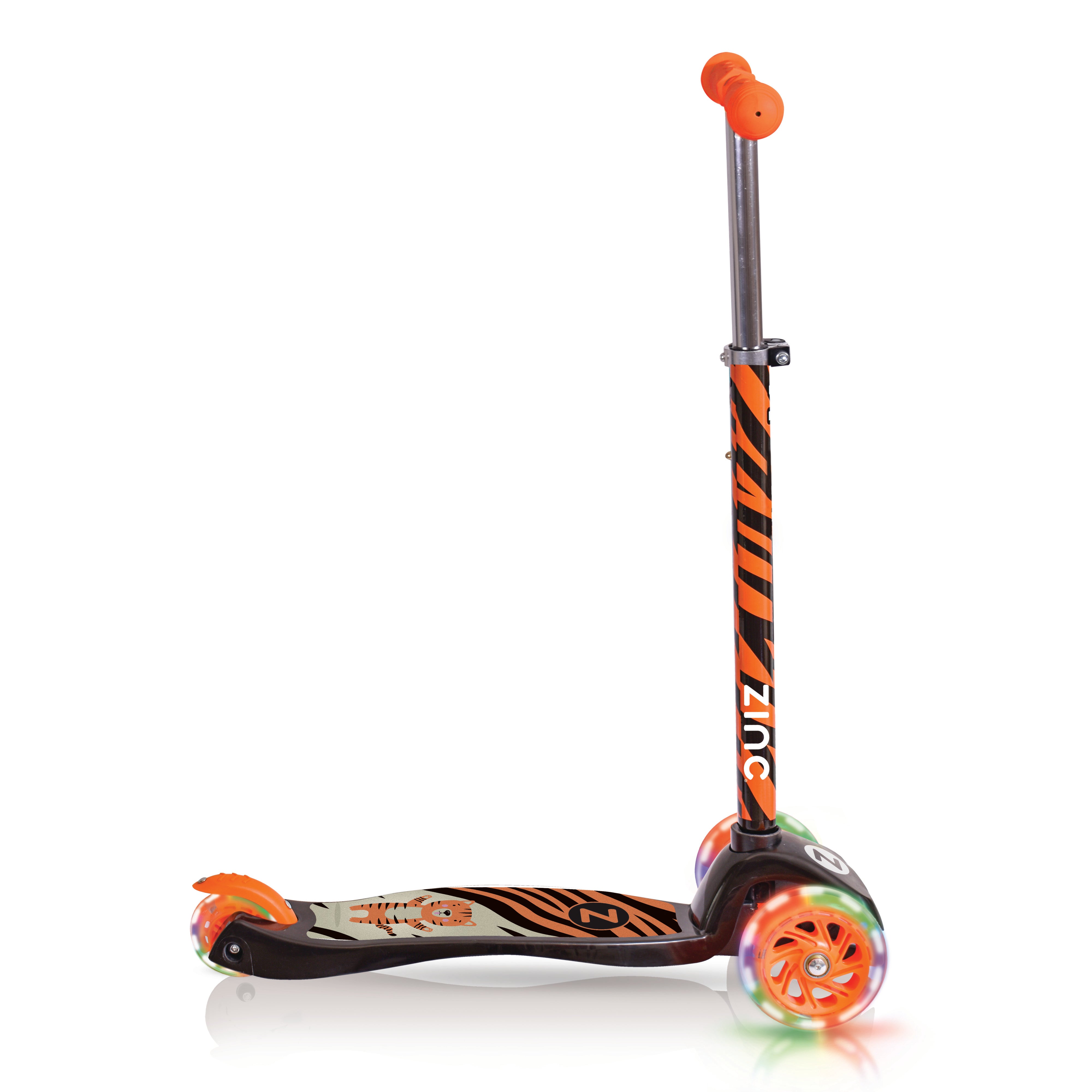 Zinc Three Wheeled Explorer Non Folding Scooter Tiger Safari - rear view showing light-up wheels and tiger pattern details