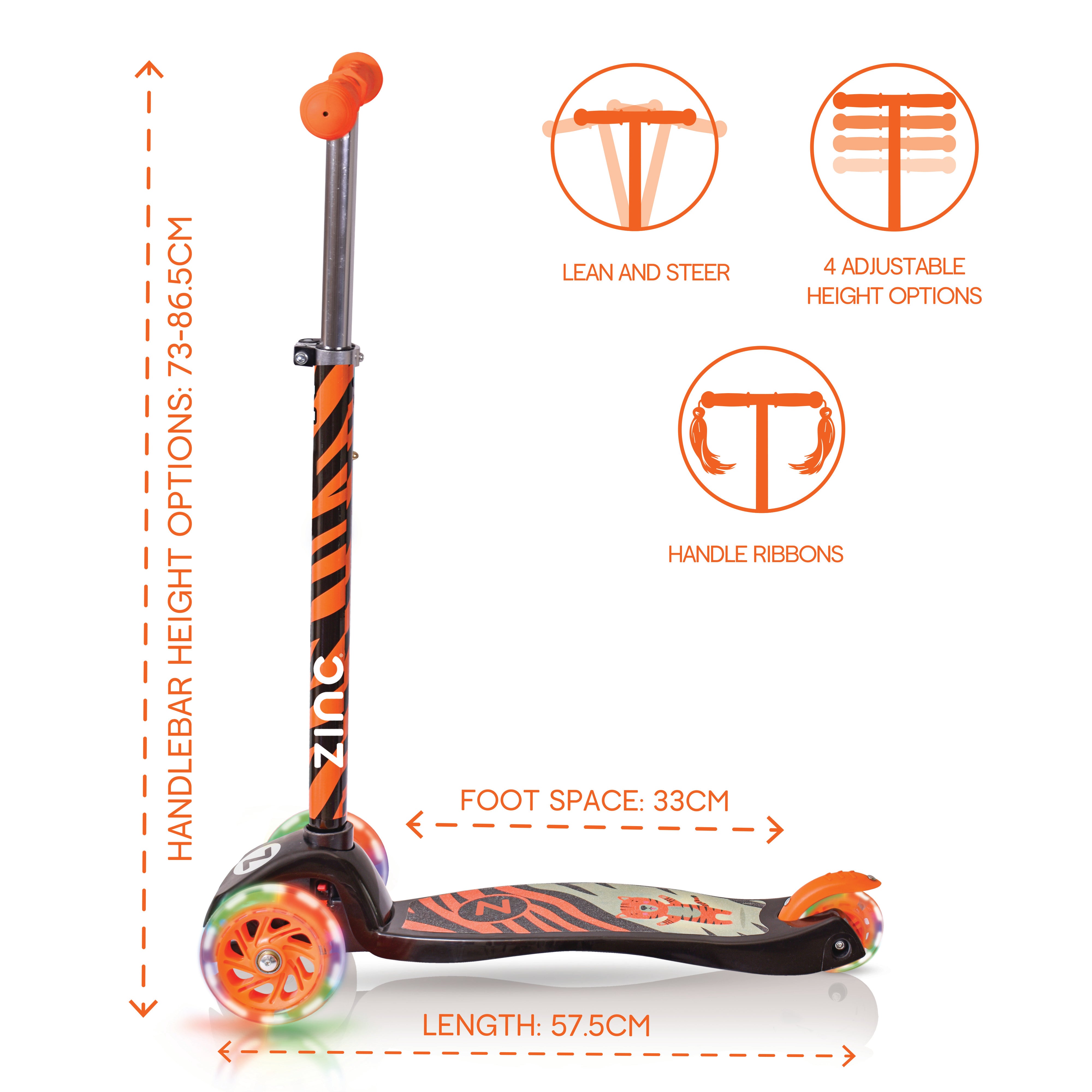 Zinc Three Wheeled Explorer Non Folding Scooter Tiger Safari - close-up of deck surface with tiger graphics and branding