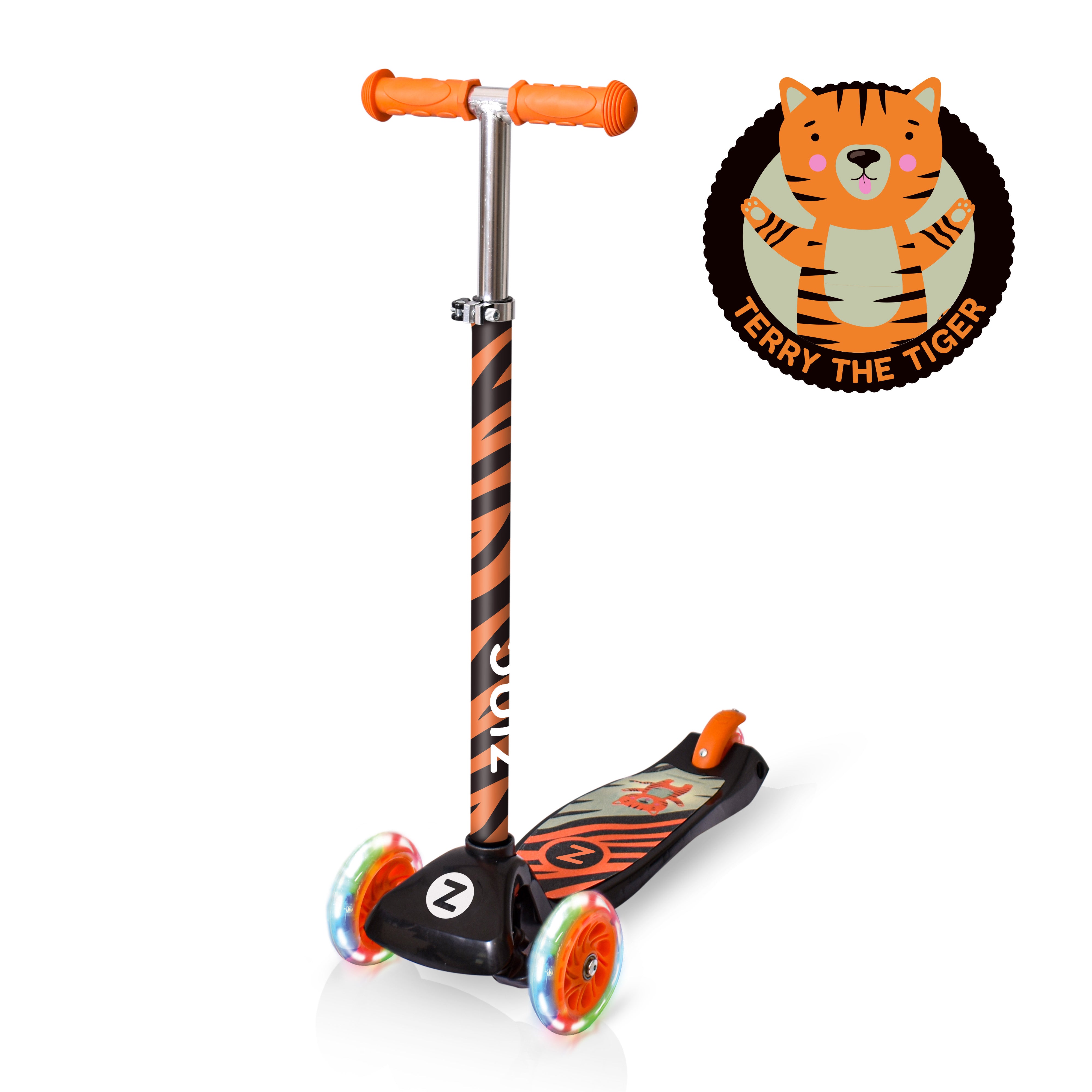 Zinc Three Wheeled Explorer Non Folding Scooter Tiger Safari - main product view with tiger graphics and light-up wheels