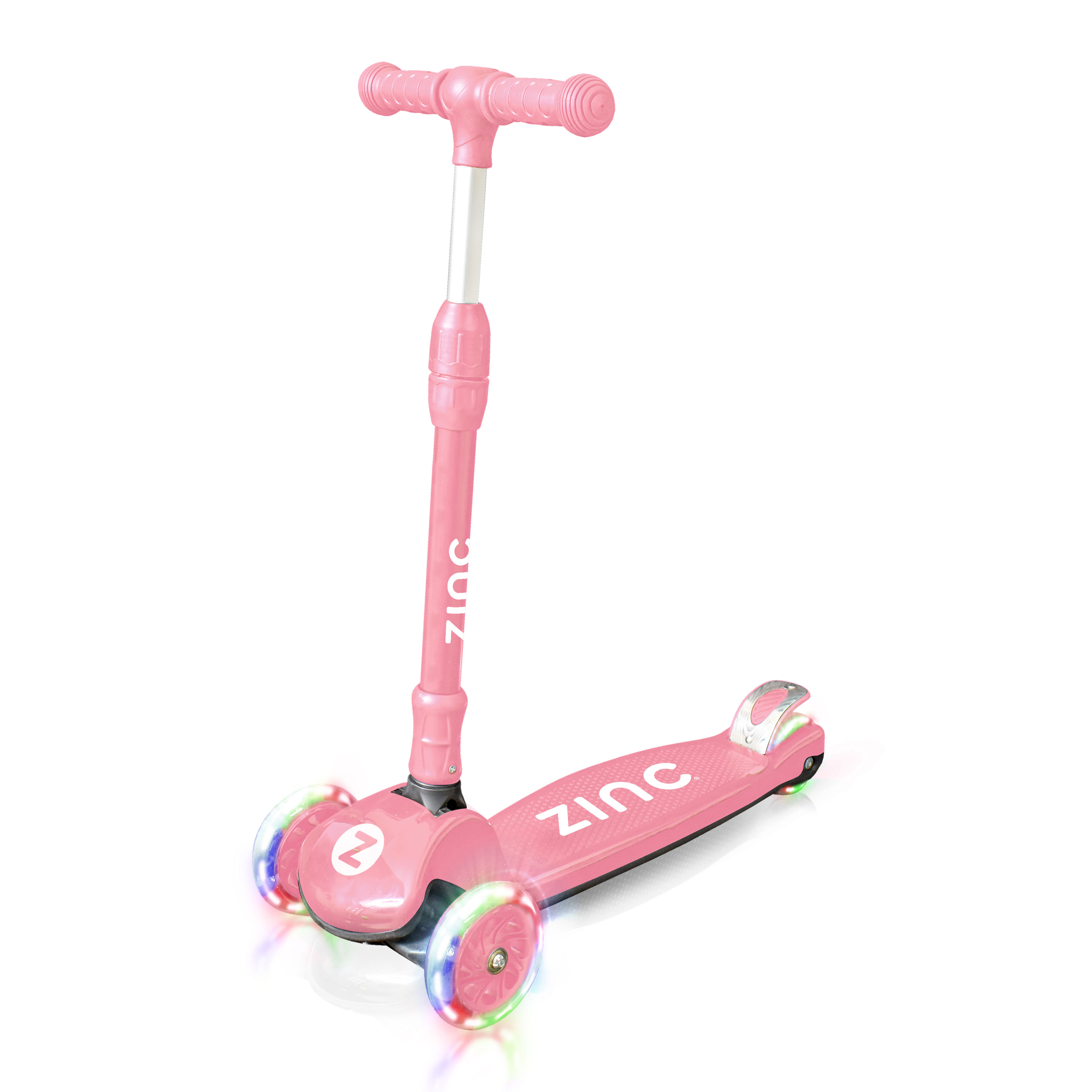 Zinc T-motion Three Wheeled Folding Light Up Scooter Blush Pink - main product view with folding feature and light-up wheels