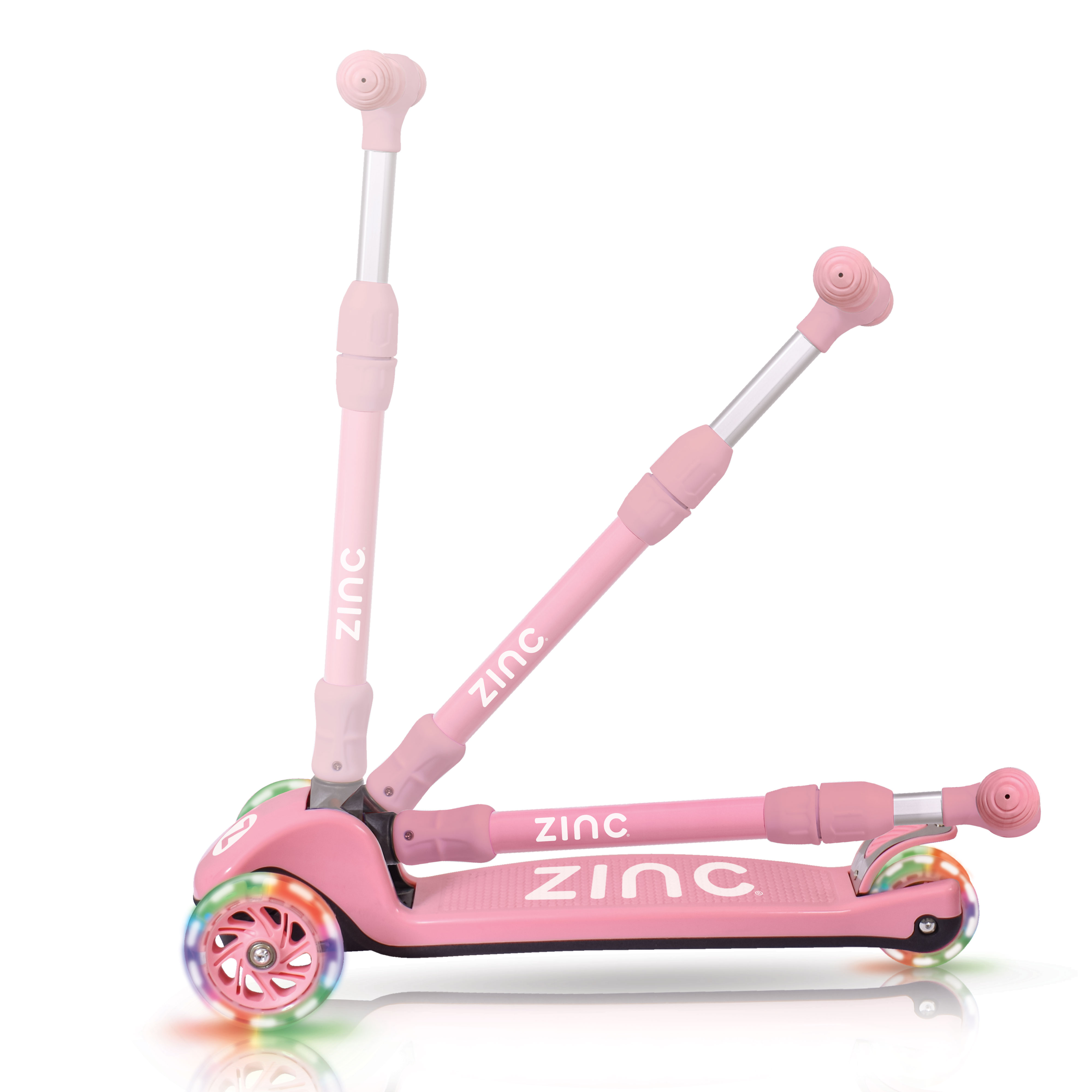 Zinc T-motion Three Wheeled Folding Light Up Scooter Blush Pink - detailed view of folding mechanism and handlebar assembly