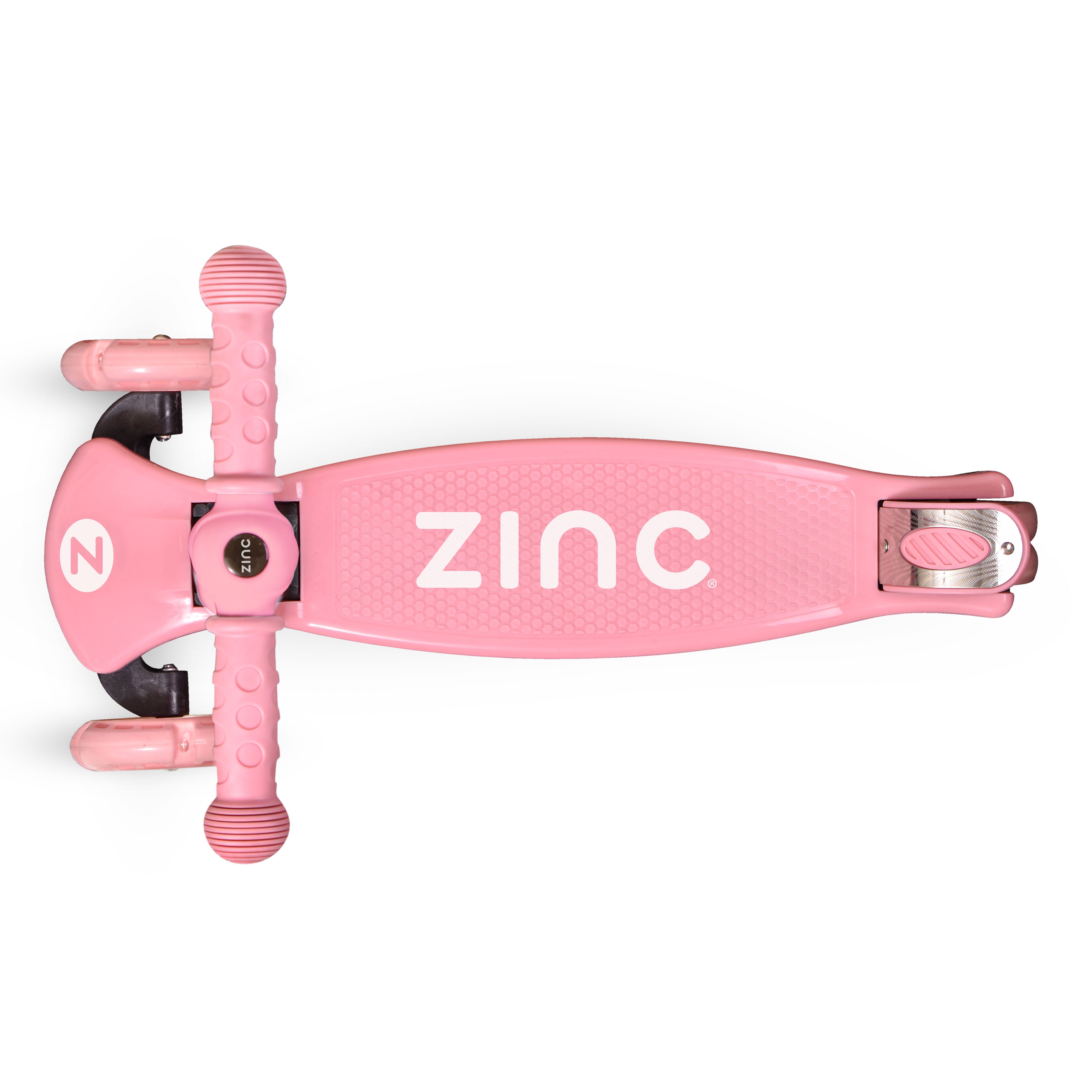 Zinc T-motion Three Wheeled Folding Light Up Scooter Blush Pink - close-up of deck surface and three-wheel configuration