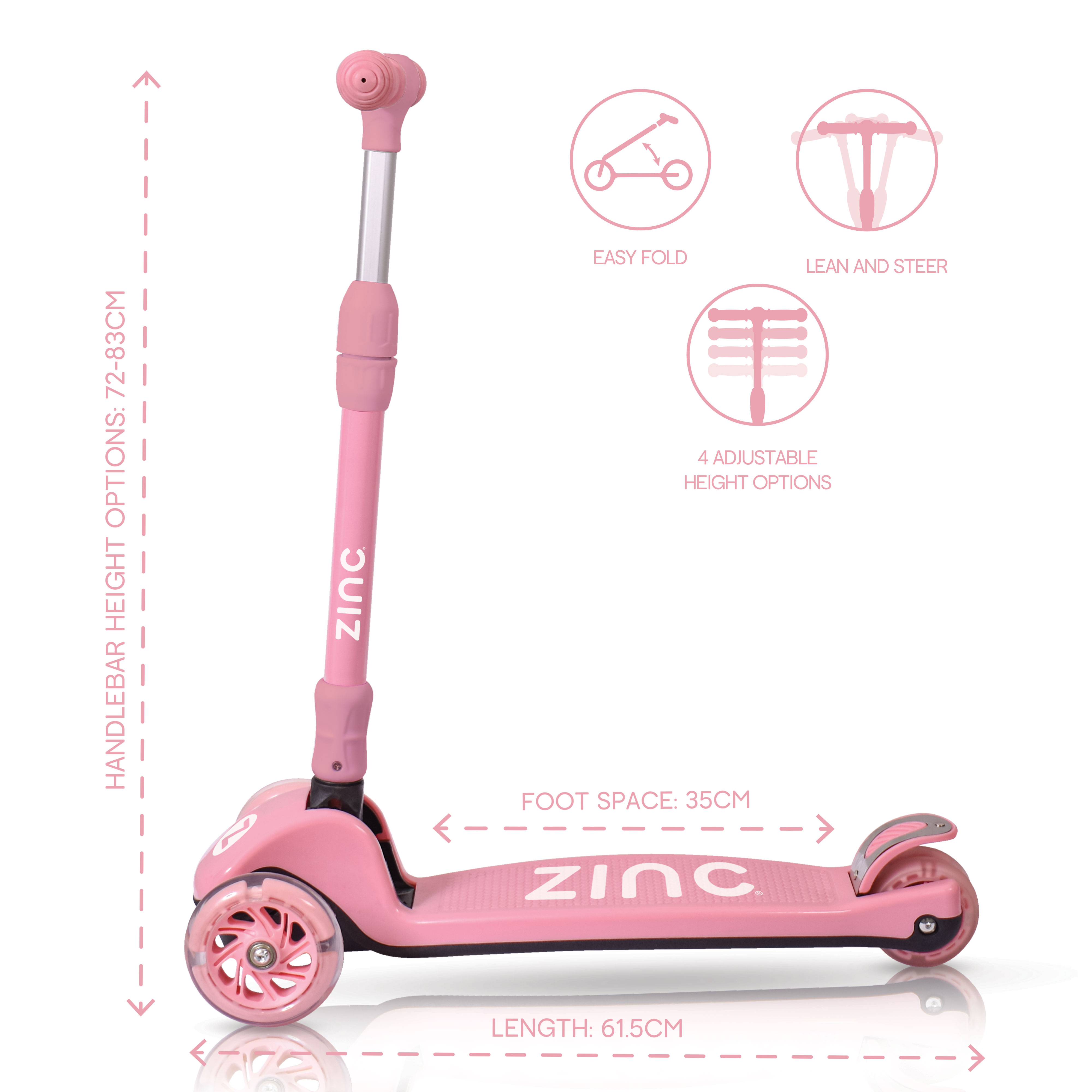 Zinc T-motion Three Wheeled Folding Light Up Scooter Blush Pink - side angle showing T-motion steering system and stability design