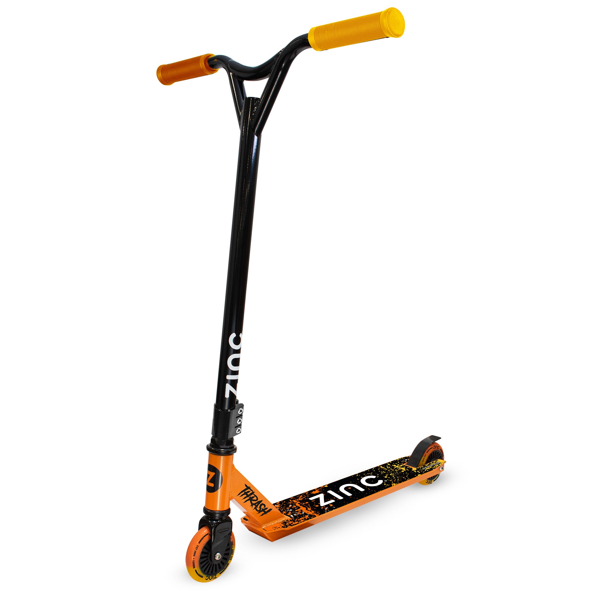 Zinc Thrash stunt scooter with striking yellow and orange design, seagull handlebars and lightweight aluminium frame