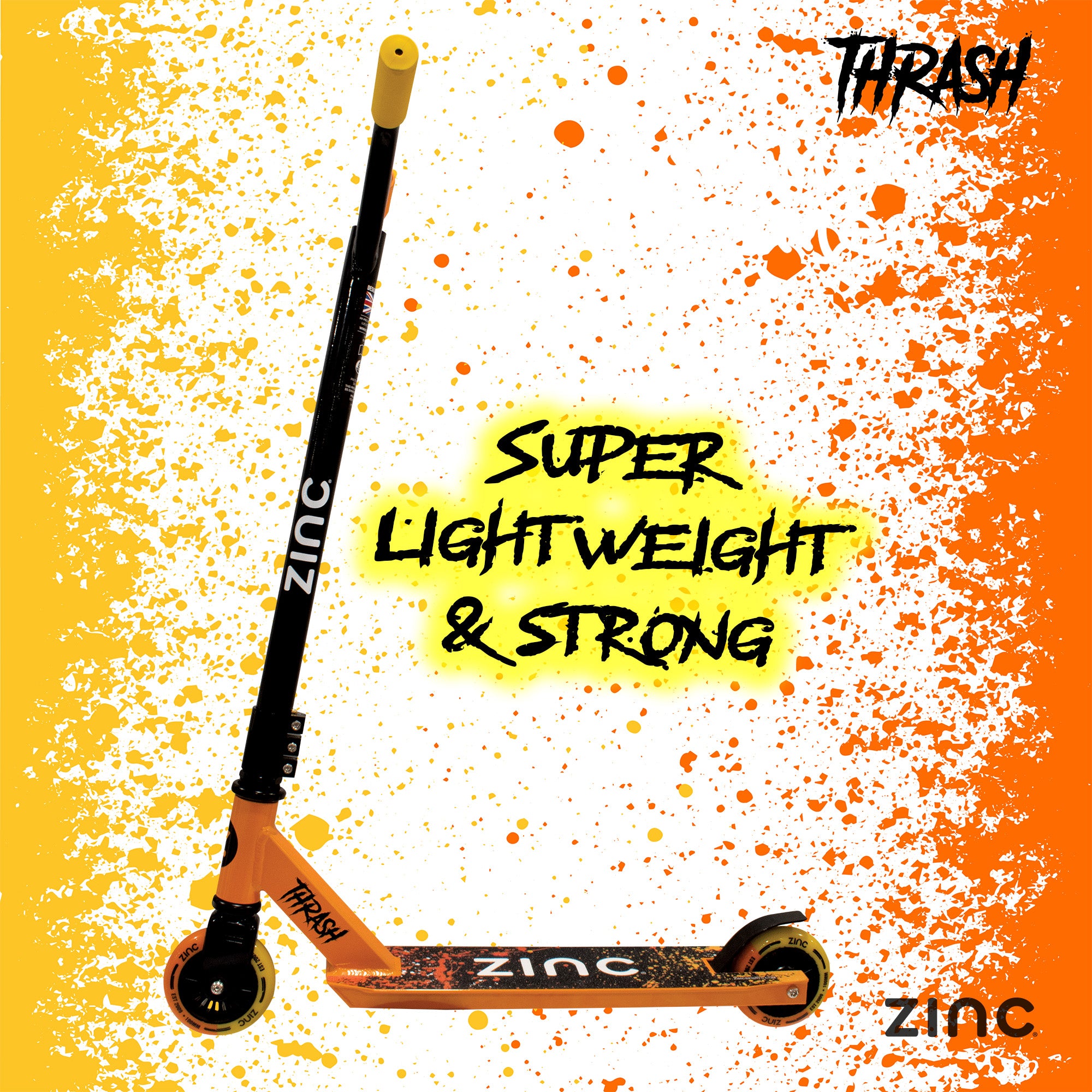 Zinc Thrash stunt scooter complete view highlighting eye-catching yellow orange colourway for boys and girls