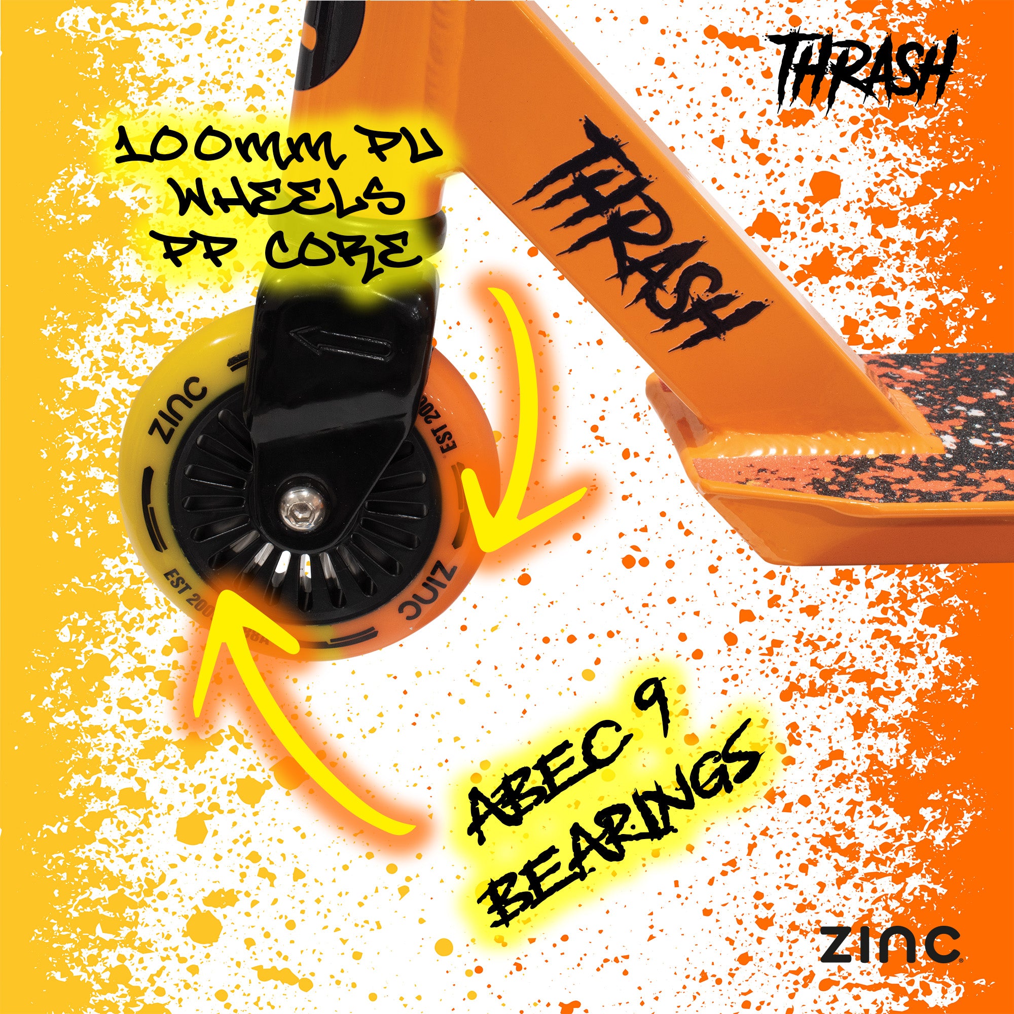 Zinc Thrash stunt scooter 100mm PU wheels with ABEC 9 precision bearings for smooth performance and control