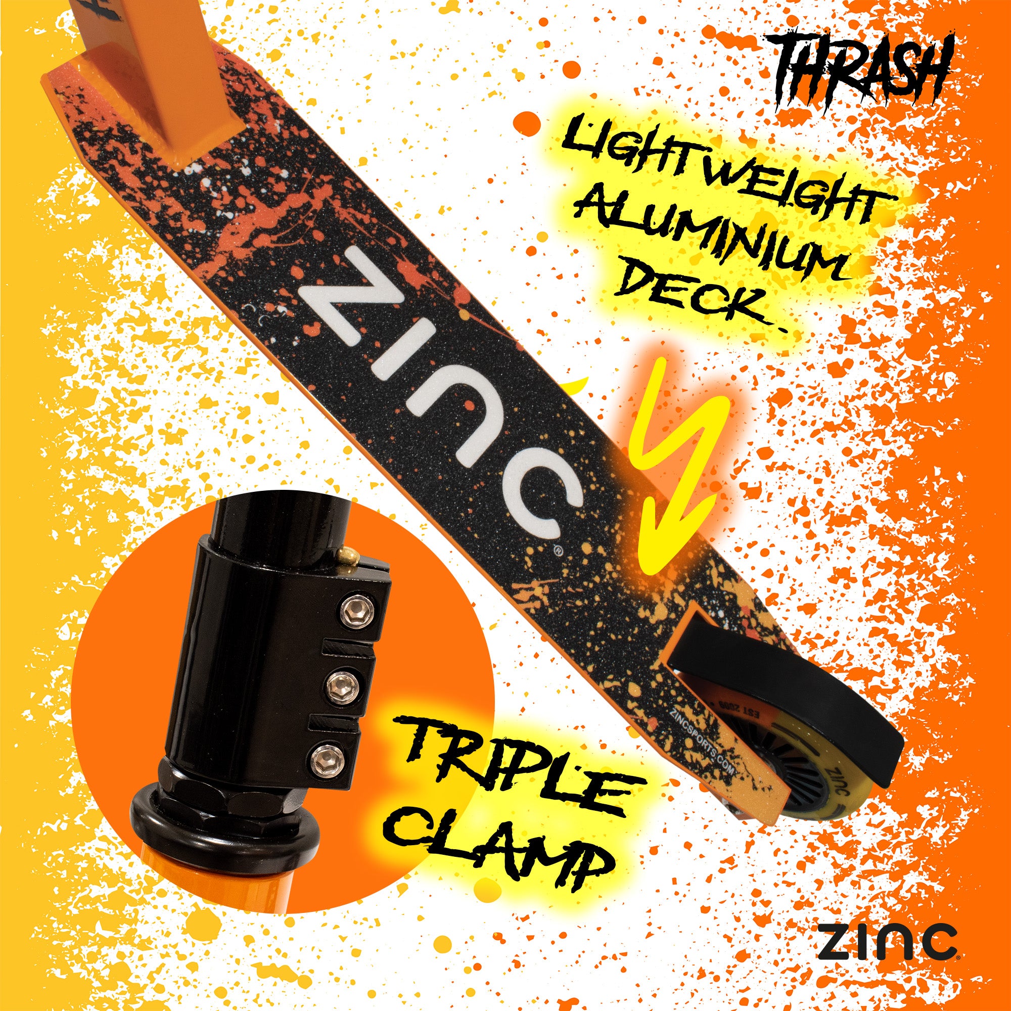 Zinc Thrash stunt scooter deck showing ergonomic design with 100mm PU wheels and ABEC 9 precision bearings