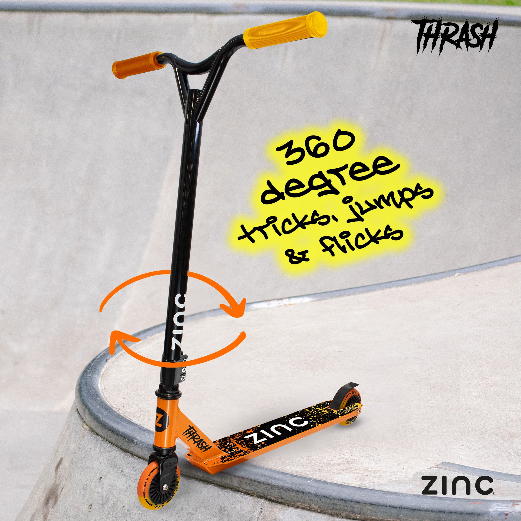 Zinc Thrash stunt scooter side view showing 2.92kg lightweight construction and 100mm PU wheels for kids ages 8-12