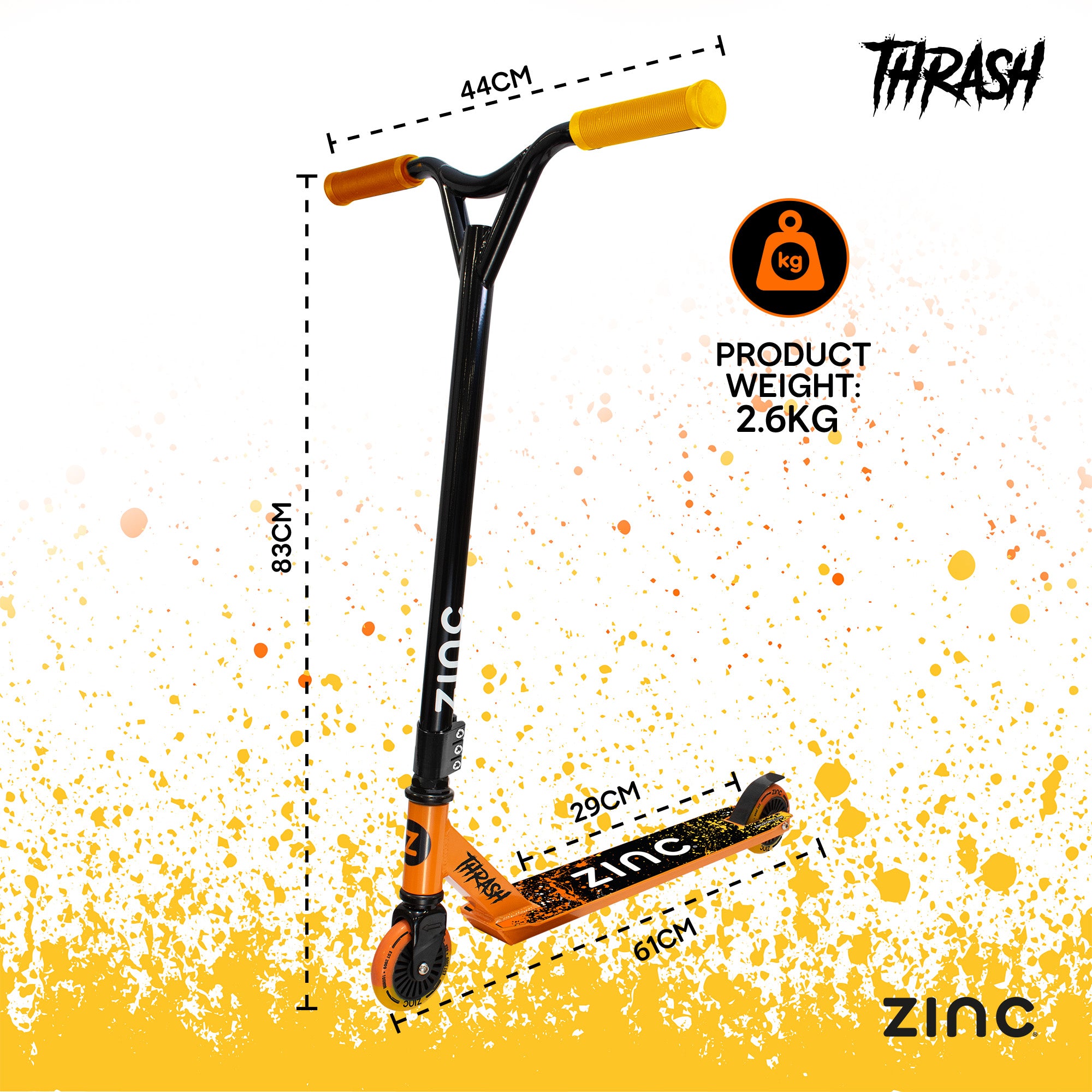 Zinc Thrash stunt scooter showing robust aluminium frame construction perfect for daily adventures and tricks