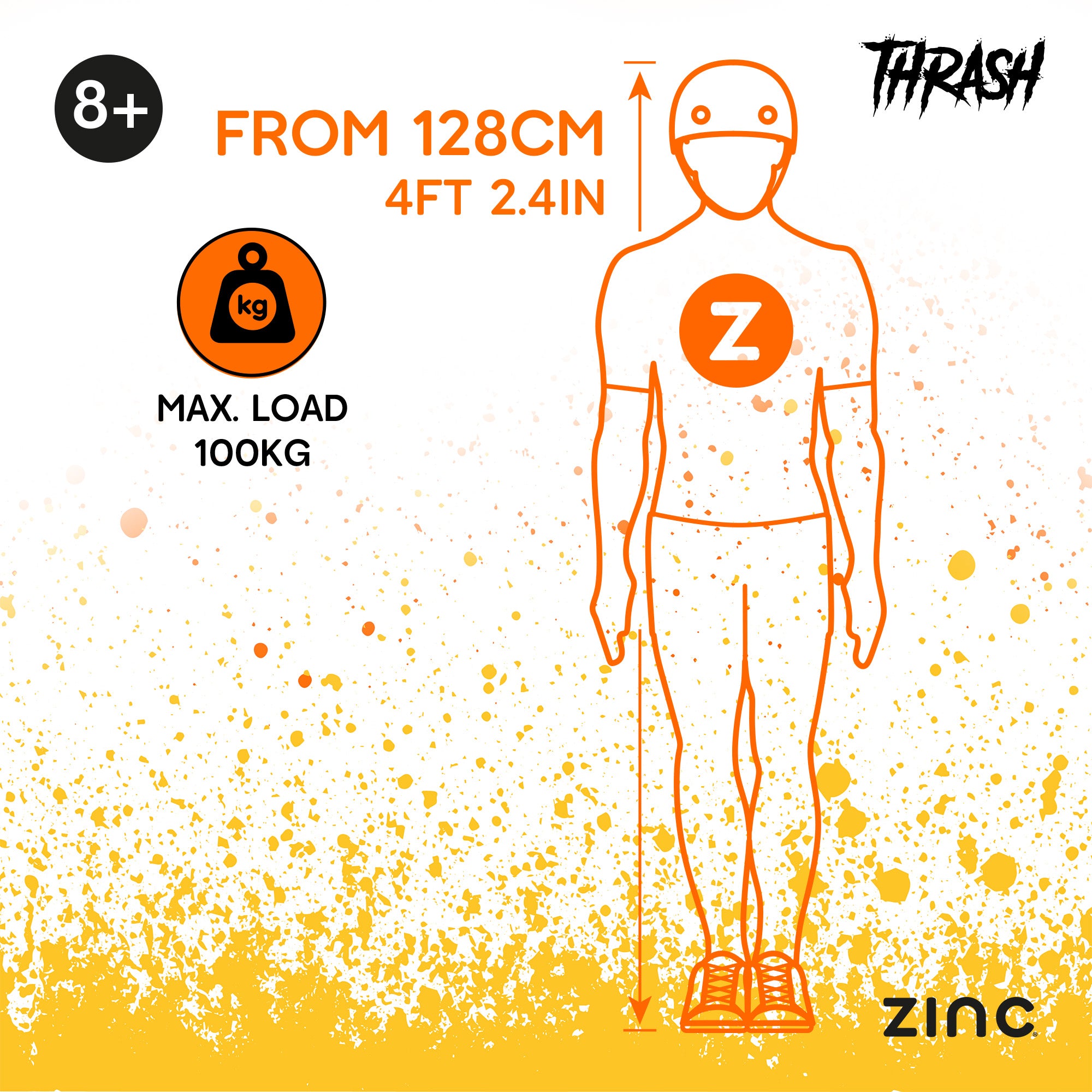 Measurement chart for children's height and weight with a stylized figure, 'Zinc' branding, and 'Thrash' logo.