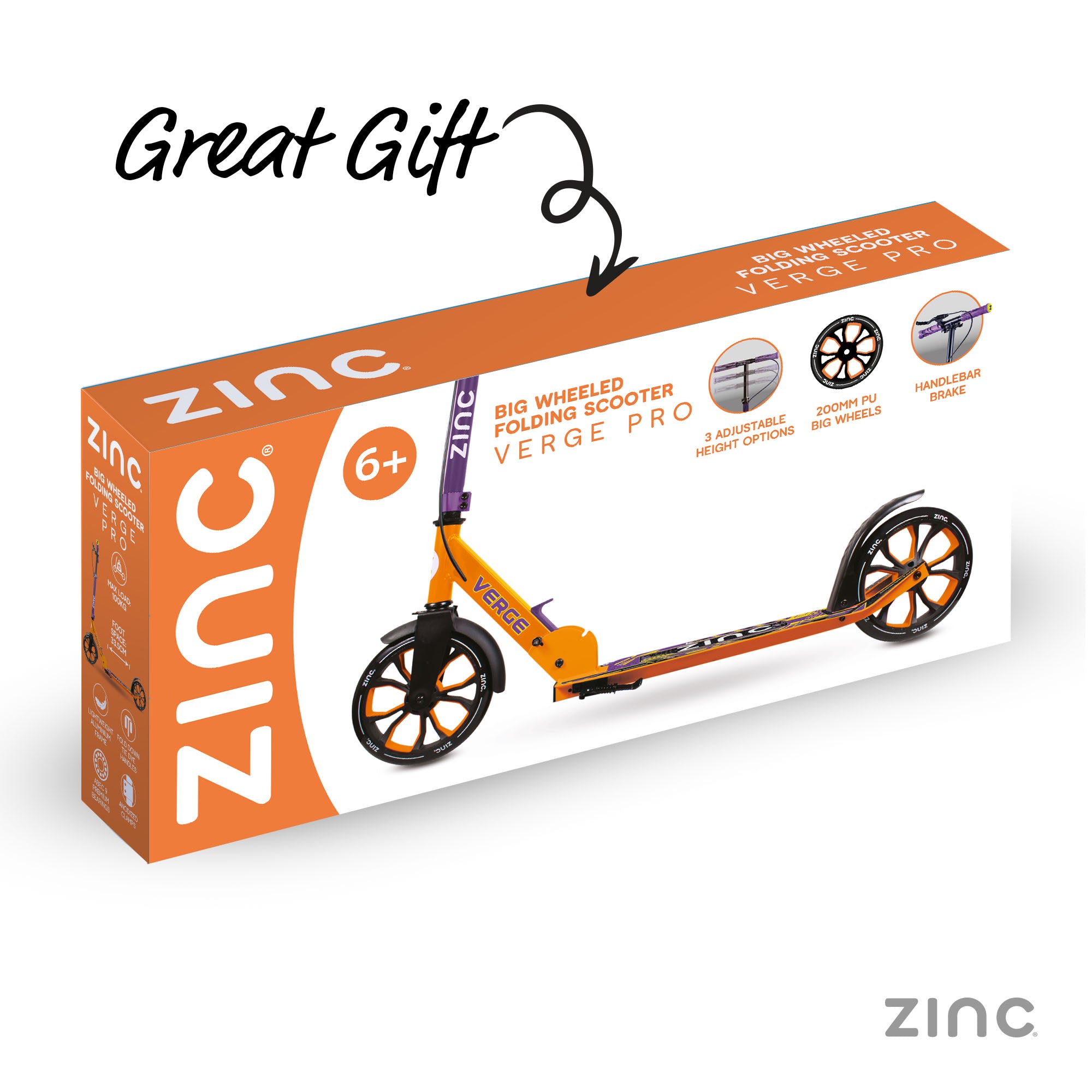 Zinc scooter packaging with scooter illustration and text on a white background
