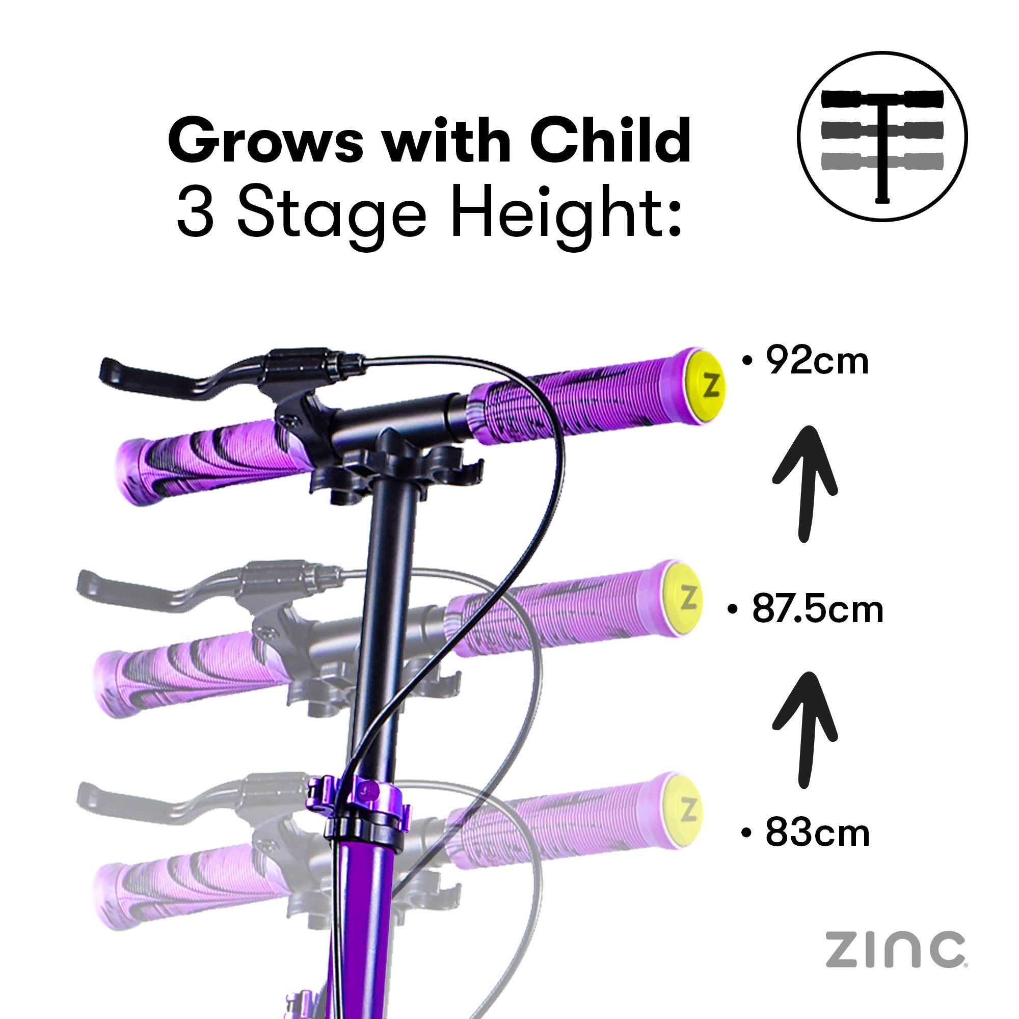 Zinc Verge Pro scooter in vibrant purple and orange colour scheme with adjustable height handlebar system