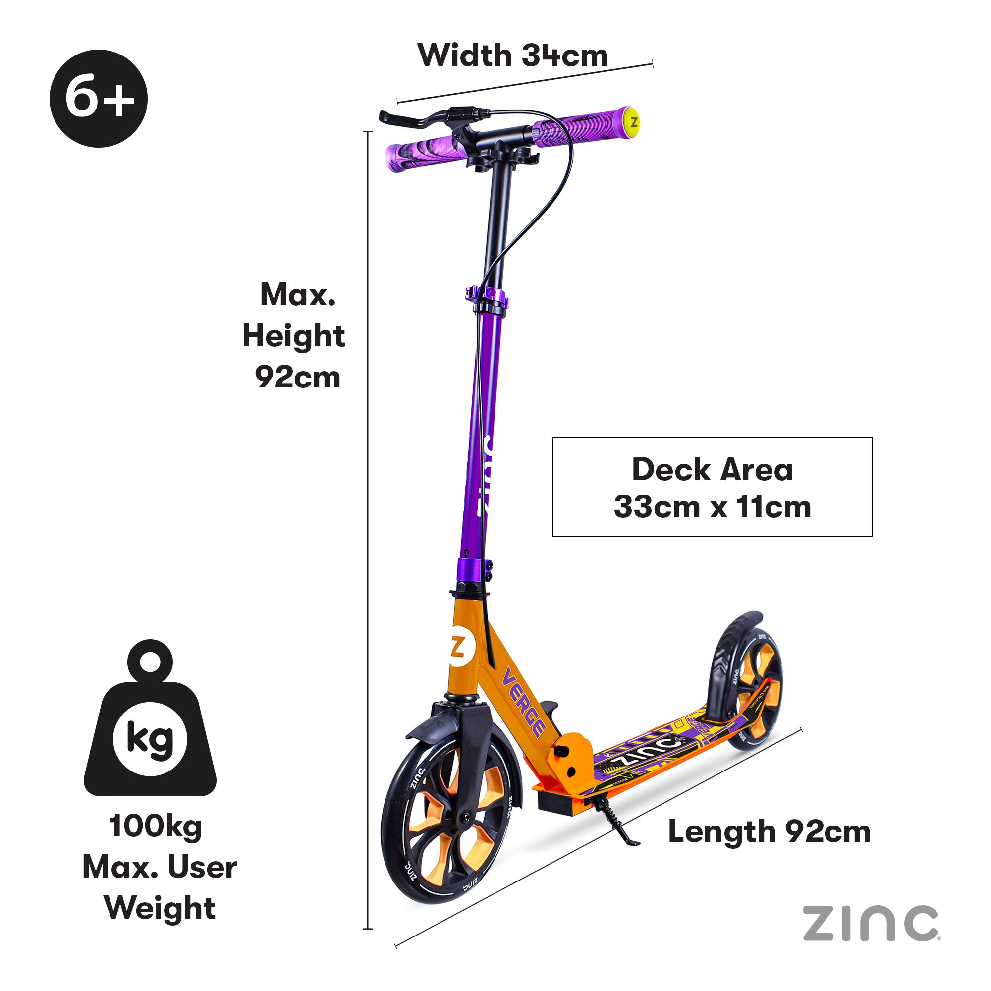 Orange and purple scooter with measurements and specifications on a white background