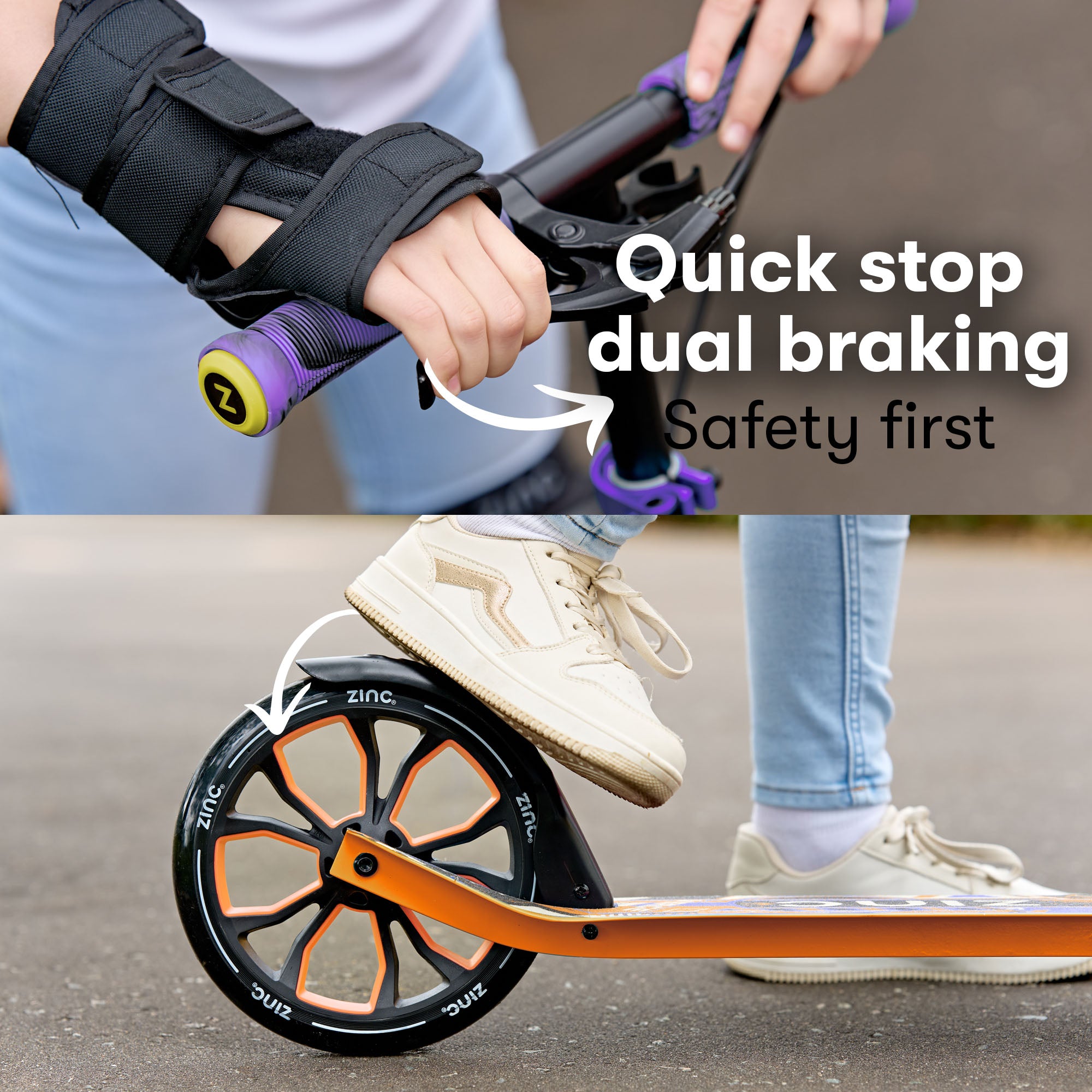 Person using a scooter with dual braking system, emphasizing safety.