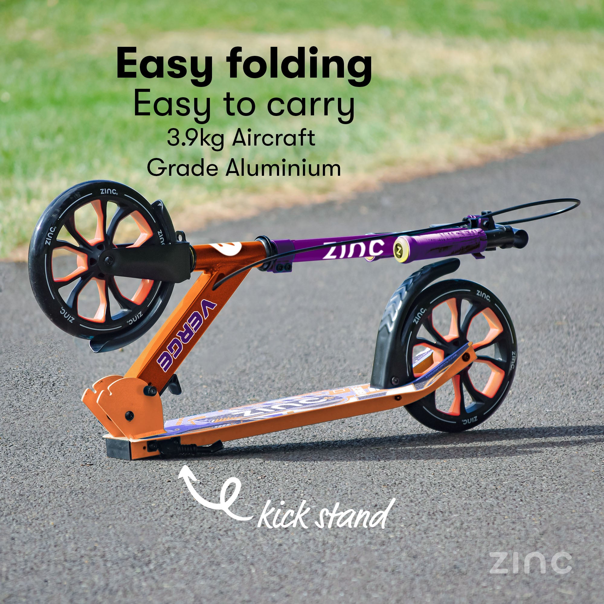 Orange and purple scooter with text highlighting easy folding, easy carry design