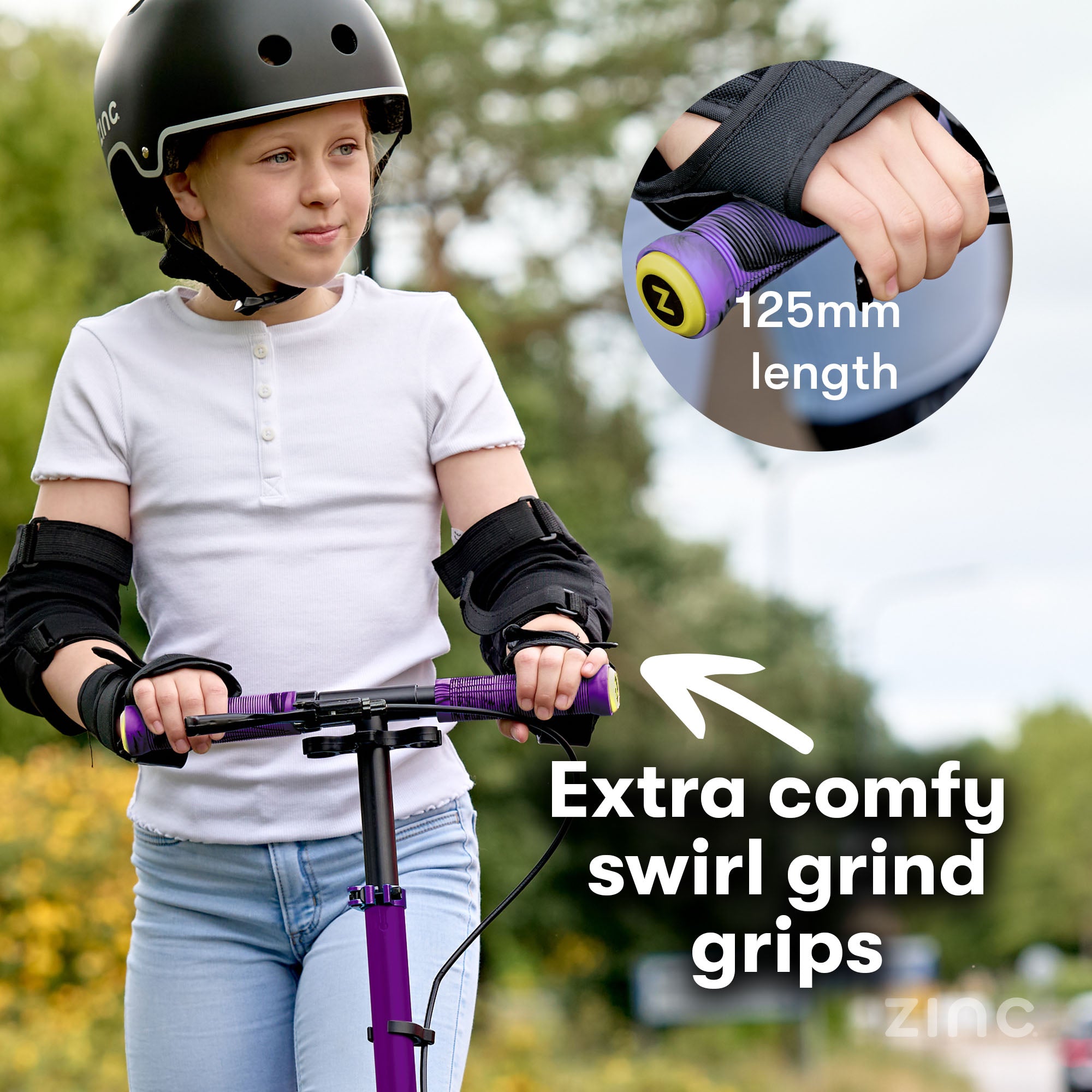 Child with scooter wearing protective gear, with close-up of scooter grip and text 'Extra comfy swirl grind grips'.