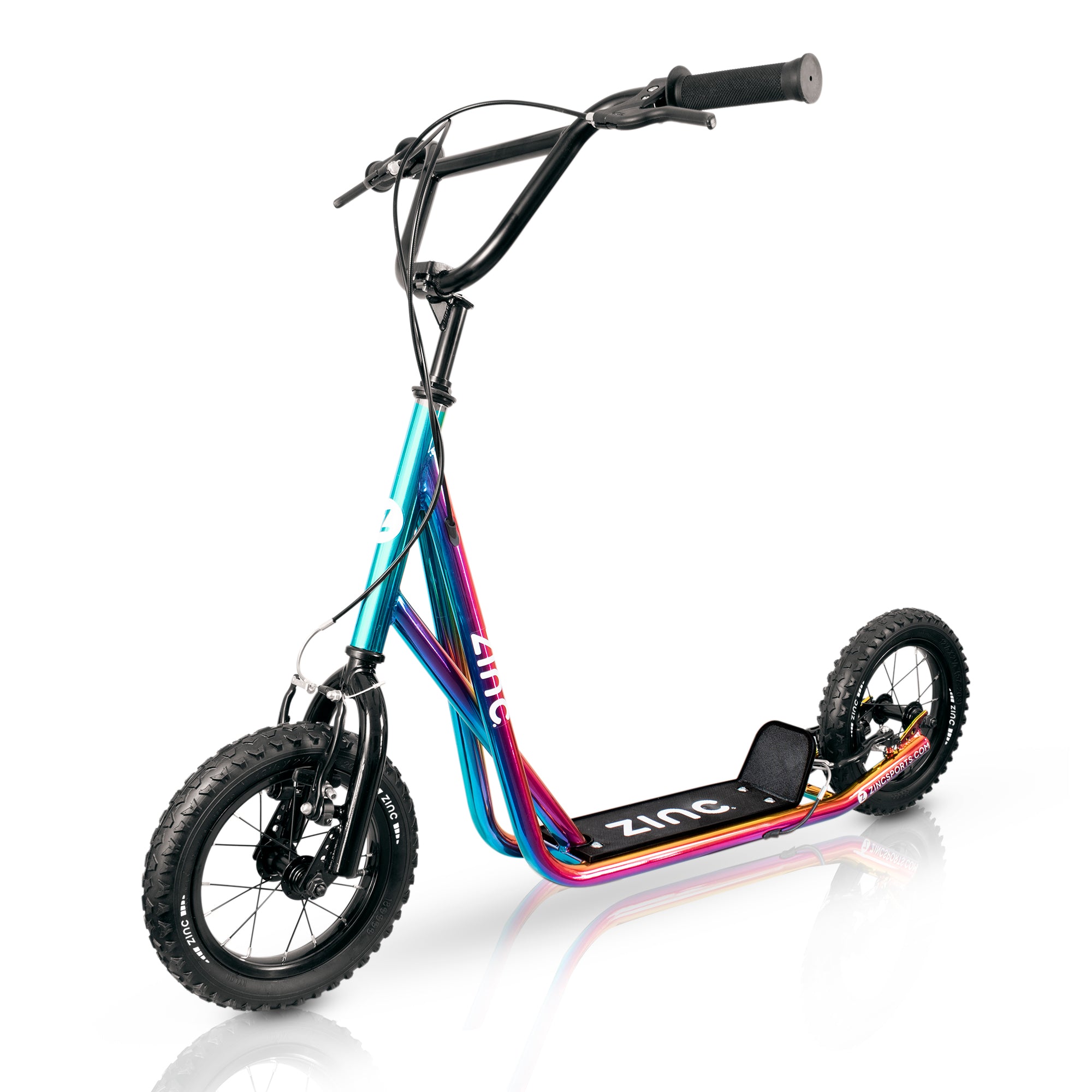 A multi-colored Zinc 12 Inch BMX Scooter with a steel frame, large spoke wheels, and an adjustable handlebar.