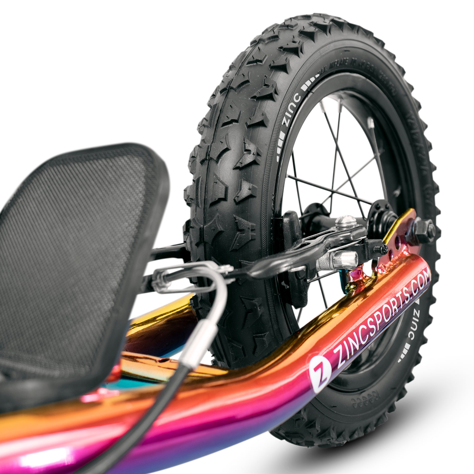 Zinc 12 Inch BMX Scooter Neochrome Multi-colour - Back Wheel and Foot Plate Close-up
