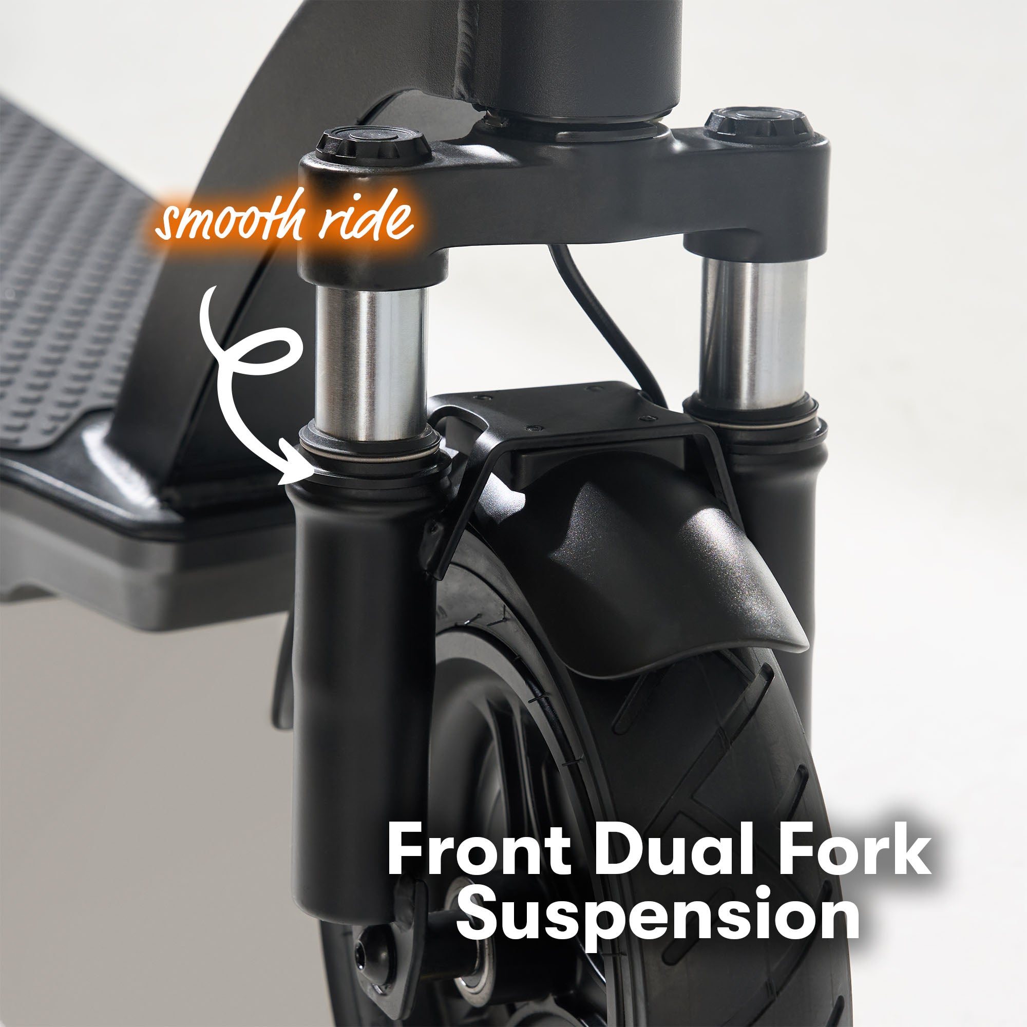Zinc Velocity 2.0 electric scooter front dual fork suspension system providing smooth rides over rough city terrain