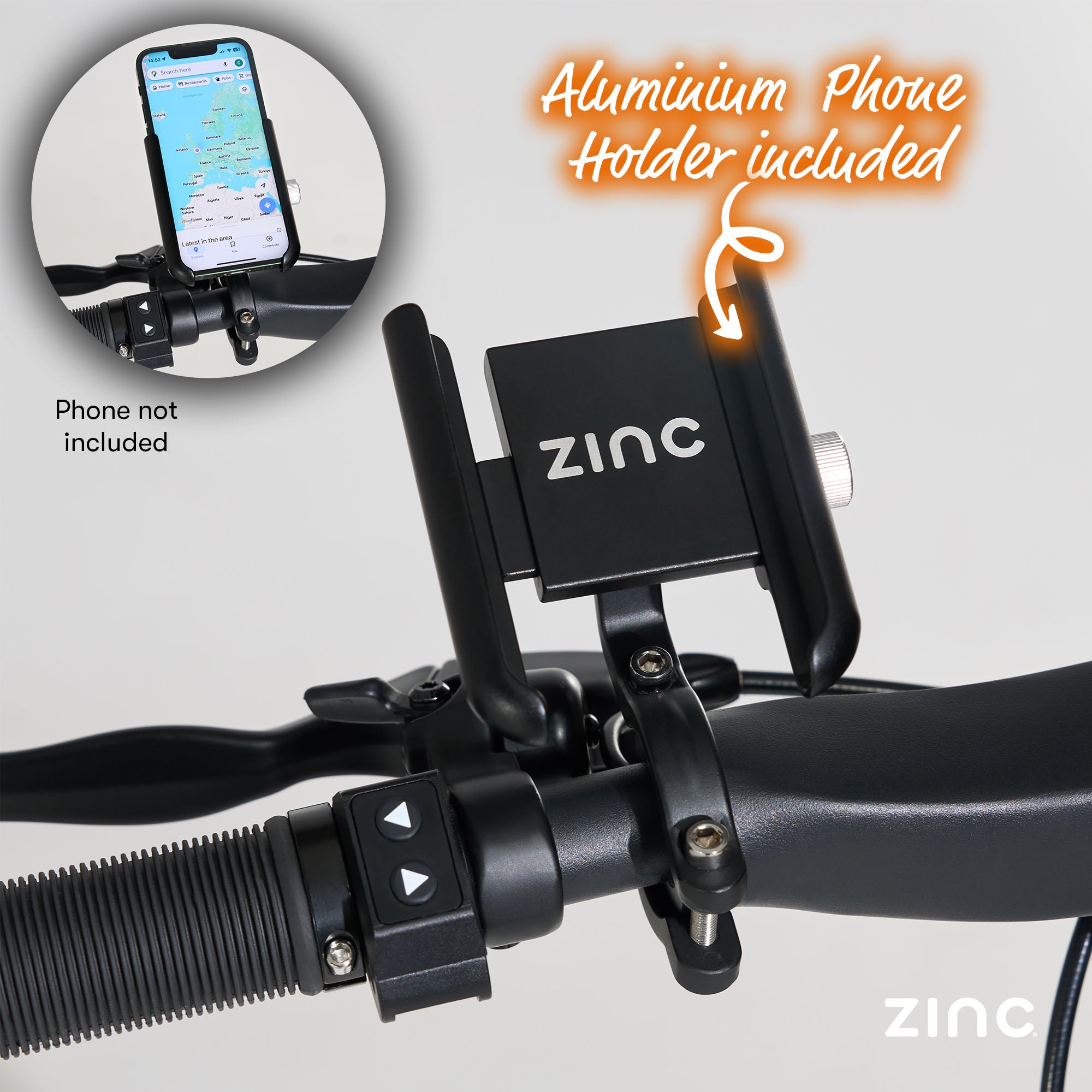 Electric scooter showing 67.5cm wide handlebar with turn signals, phone holder, and regenerative throttle system