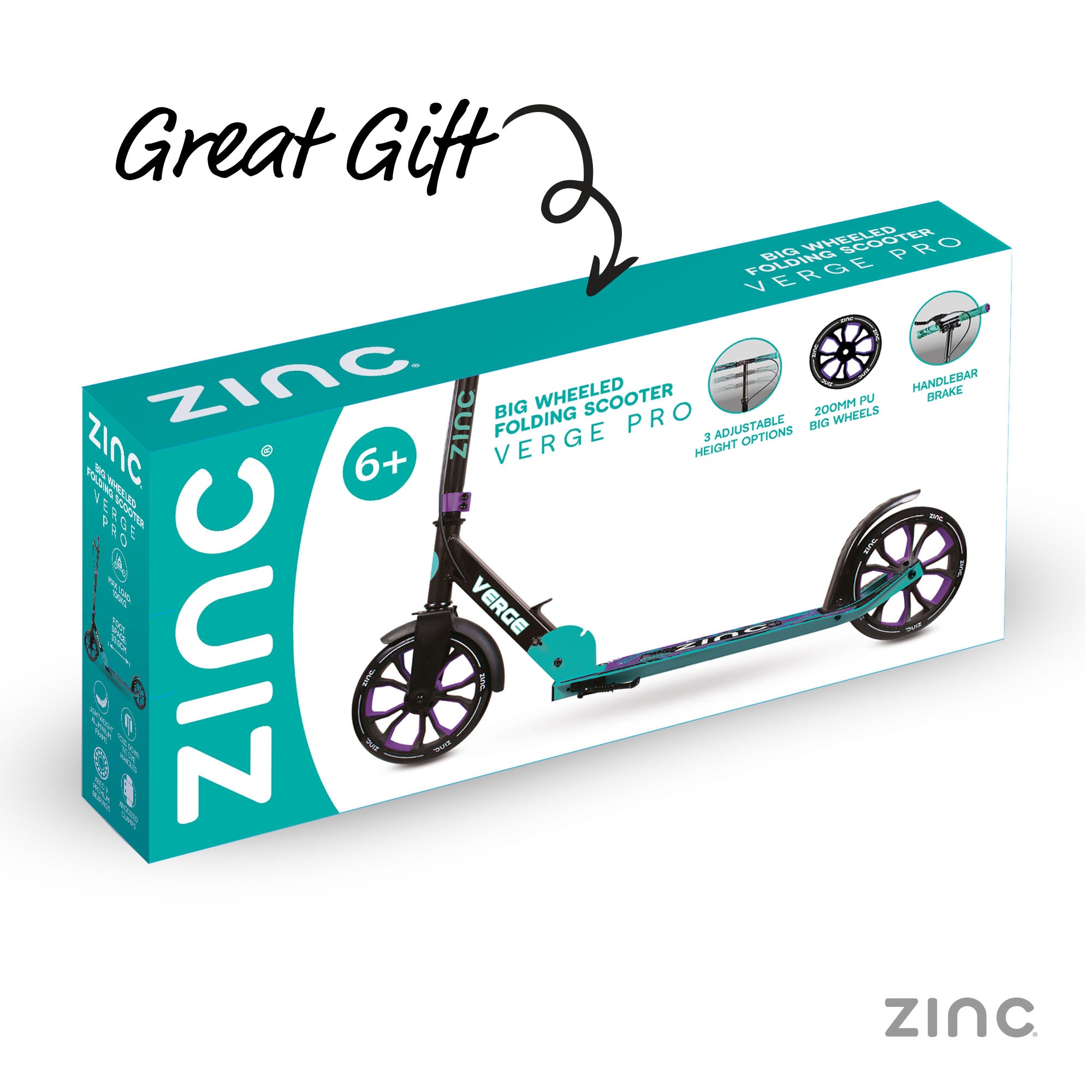 Zinc Big Wheeled Folding Scooter Verge Pro packaging on a white background