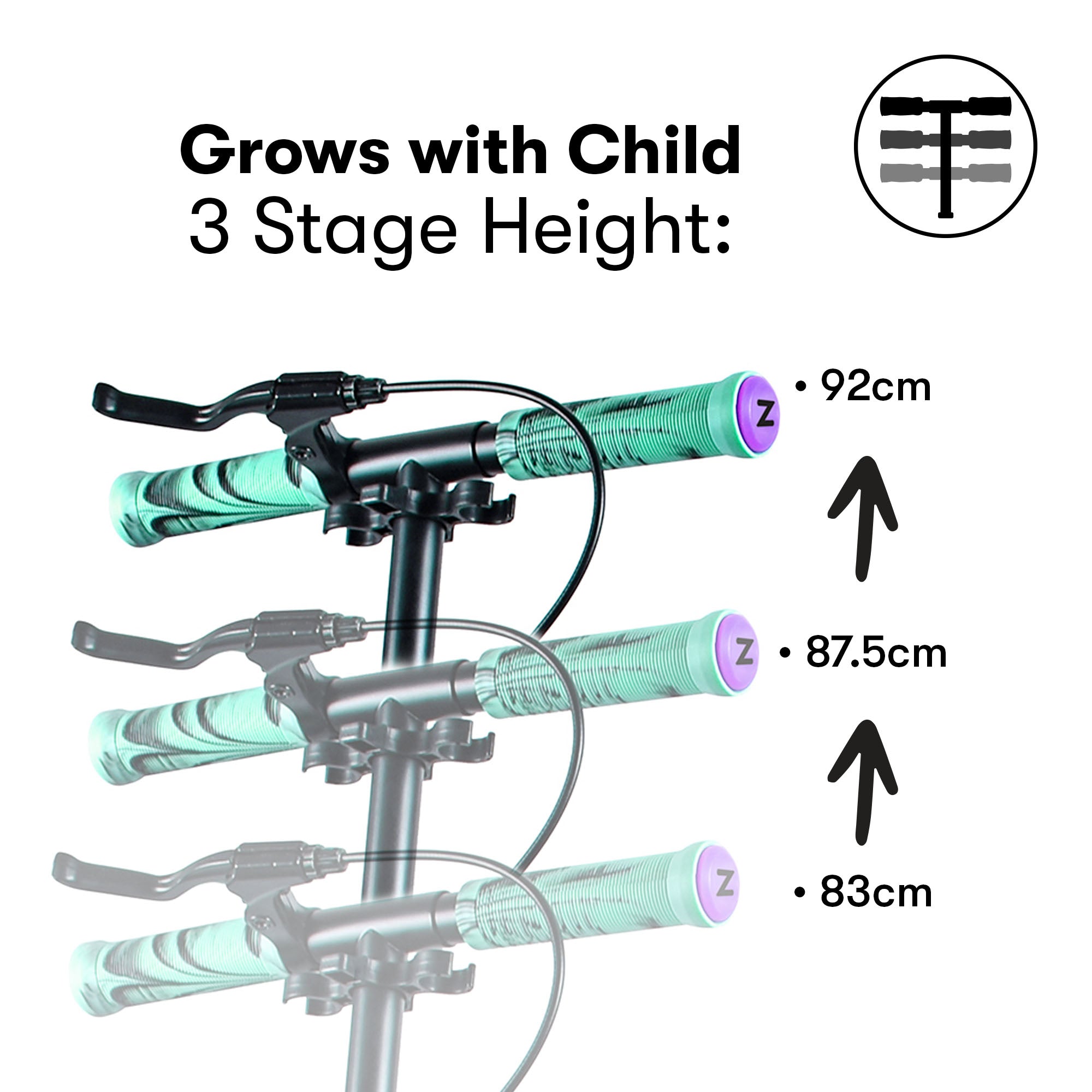 Child's bicycle with adjustable handlebar height stages on a white background