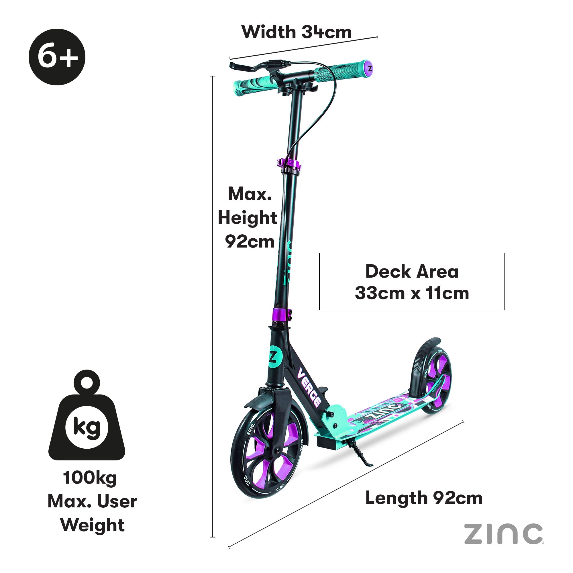 Zinc Verge Pro scooter in stylish teal and purple design showing kickstand and robust frame construction