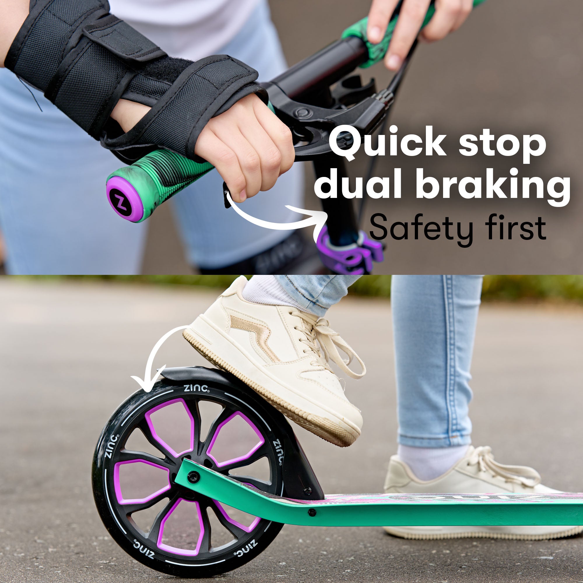 Zinc Verge Pro scooter dual brake system showing rear footbrake and front handbrake for safe stopping