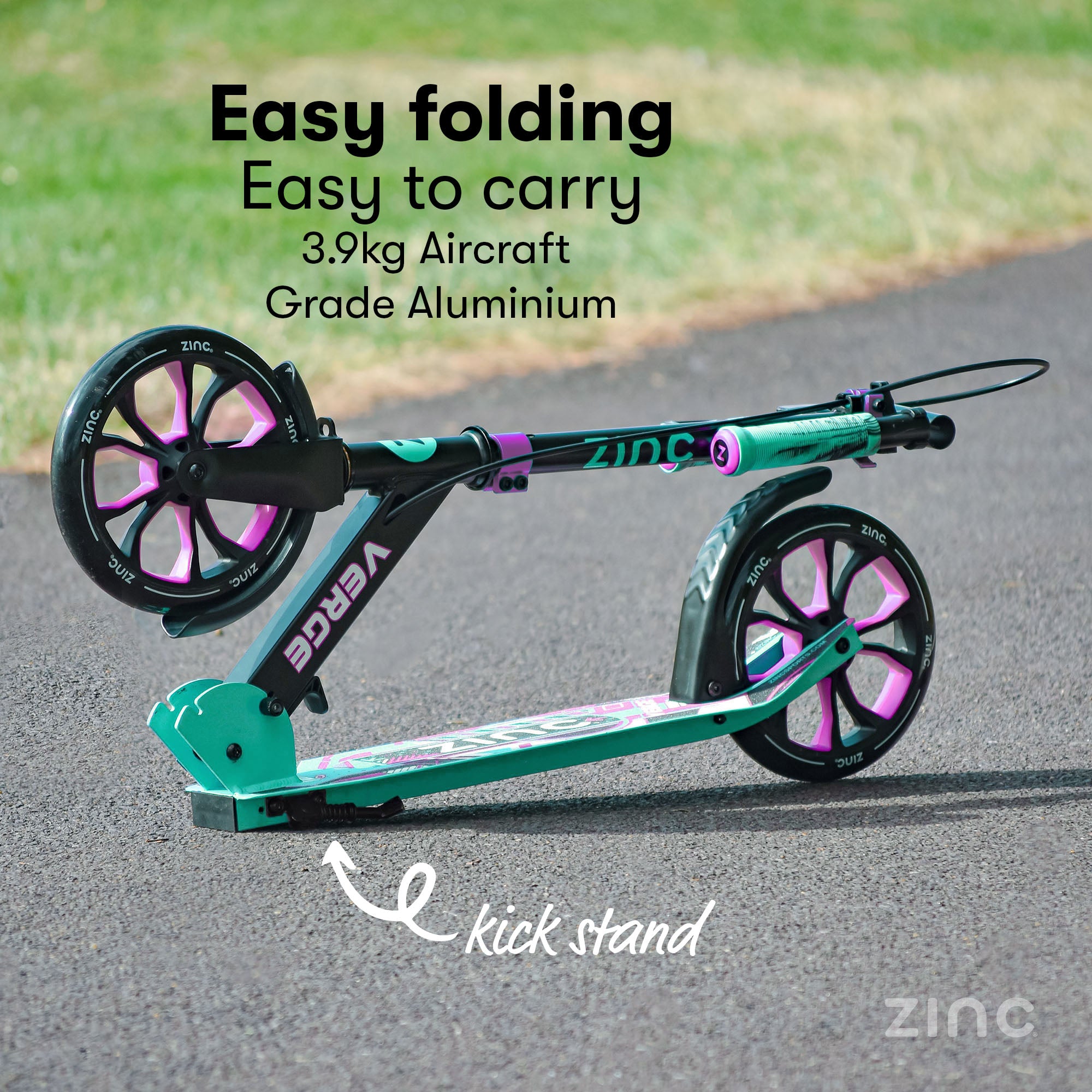 Green scooter with pink wheels on a road, featuring text about ease of folding and carrying.