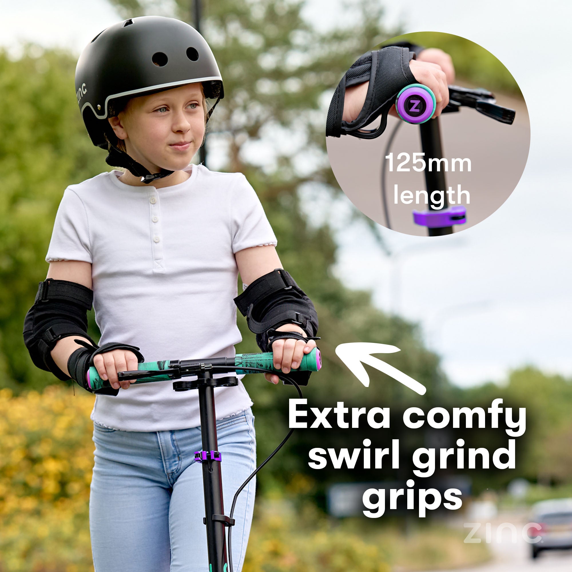 Child riding a scooter with helmet and protective gear, emphasizing 'Extra comfy swirl grind grips'.