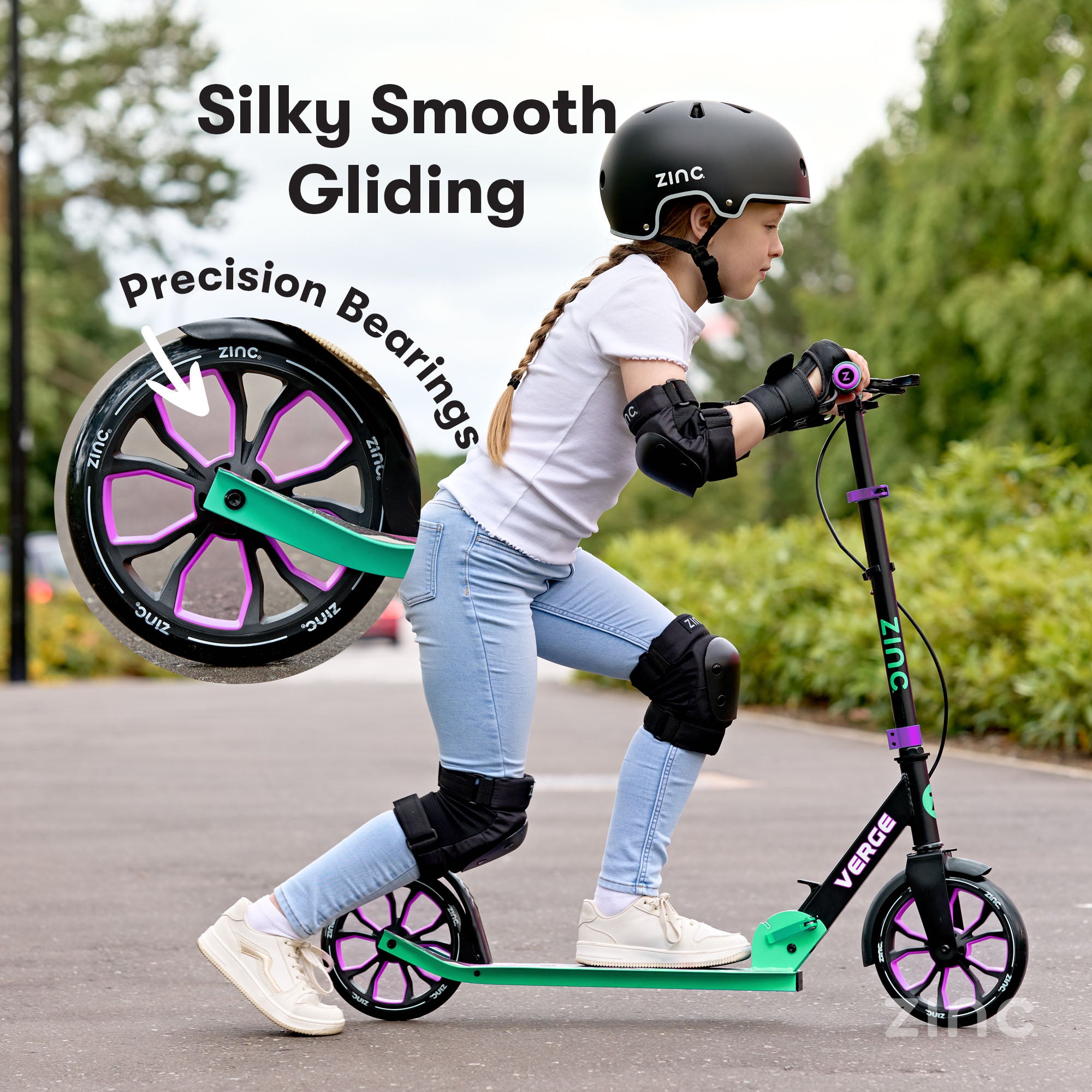Person riding a scooter with highlighted wheels and text about 'Silky Smooth Gliding' and 'Precision Bearings'.