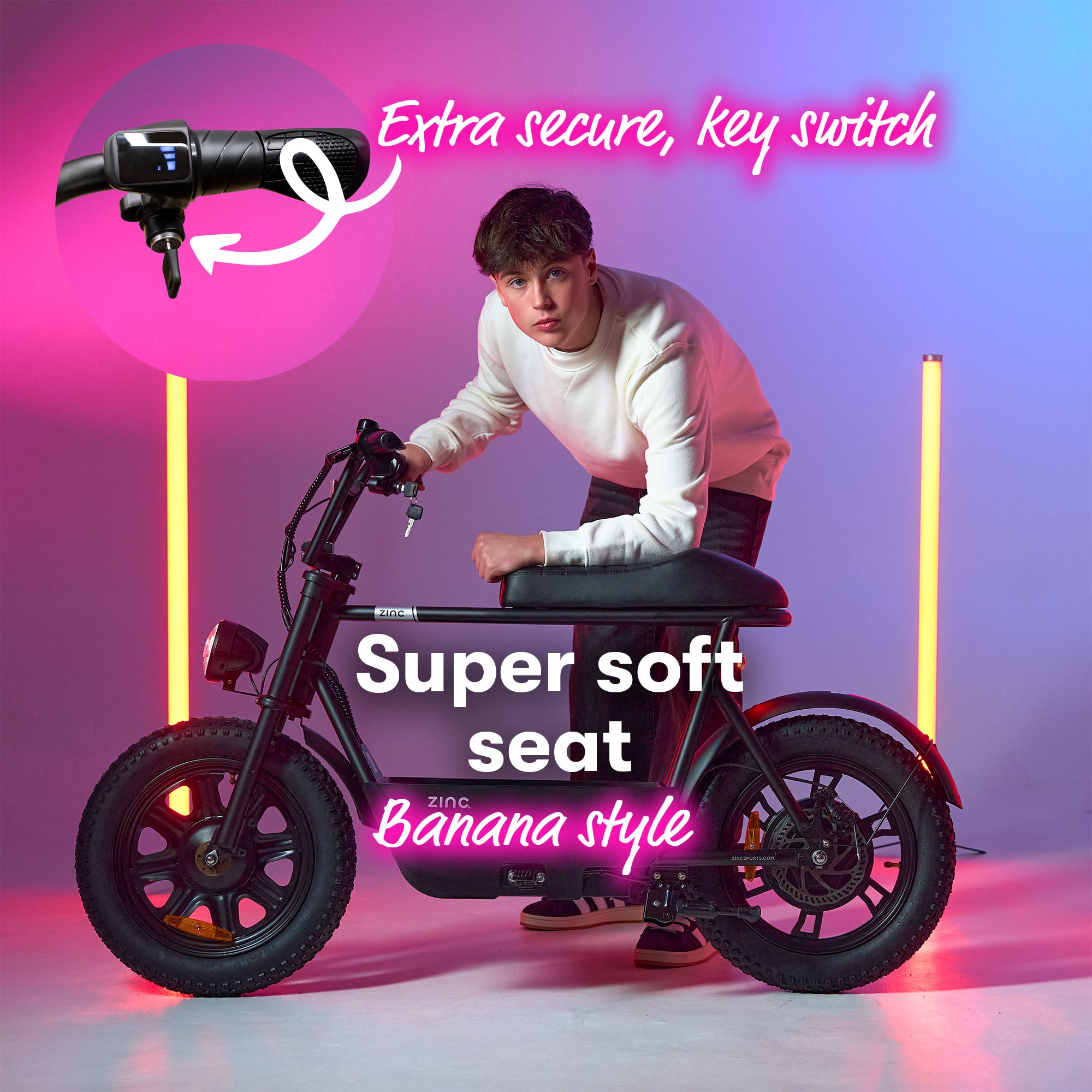 Comfortable banana-style cushioned seat on electric scooter with high-quality steel frame construction