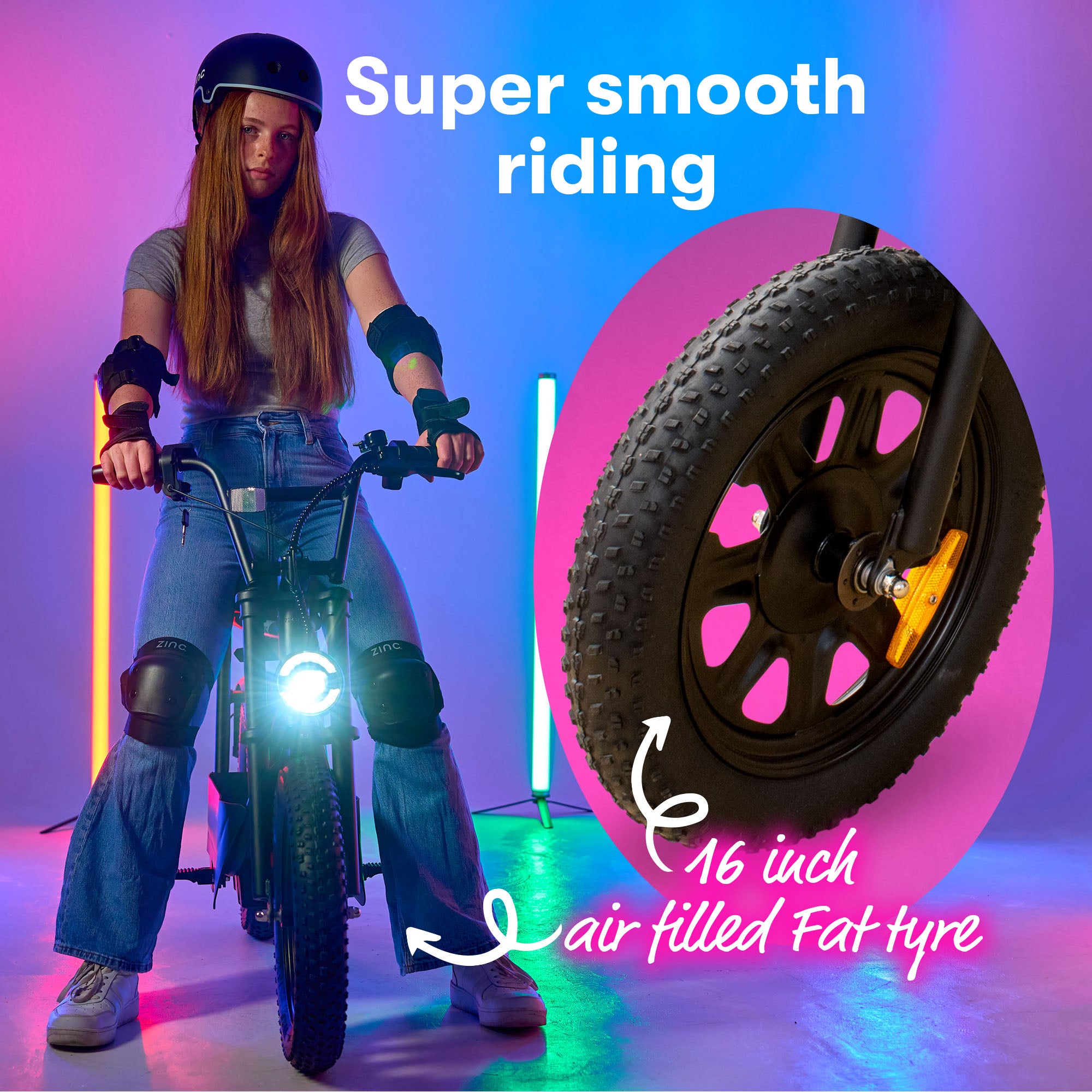 16-inch fat tyres on Zinc Sprintr providing smooth, hassle-free ride with superior grip and stability