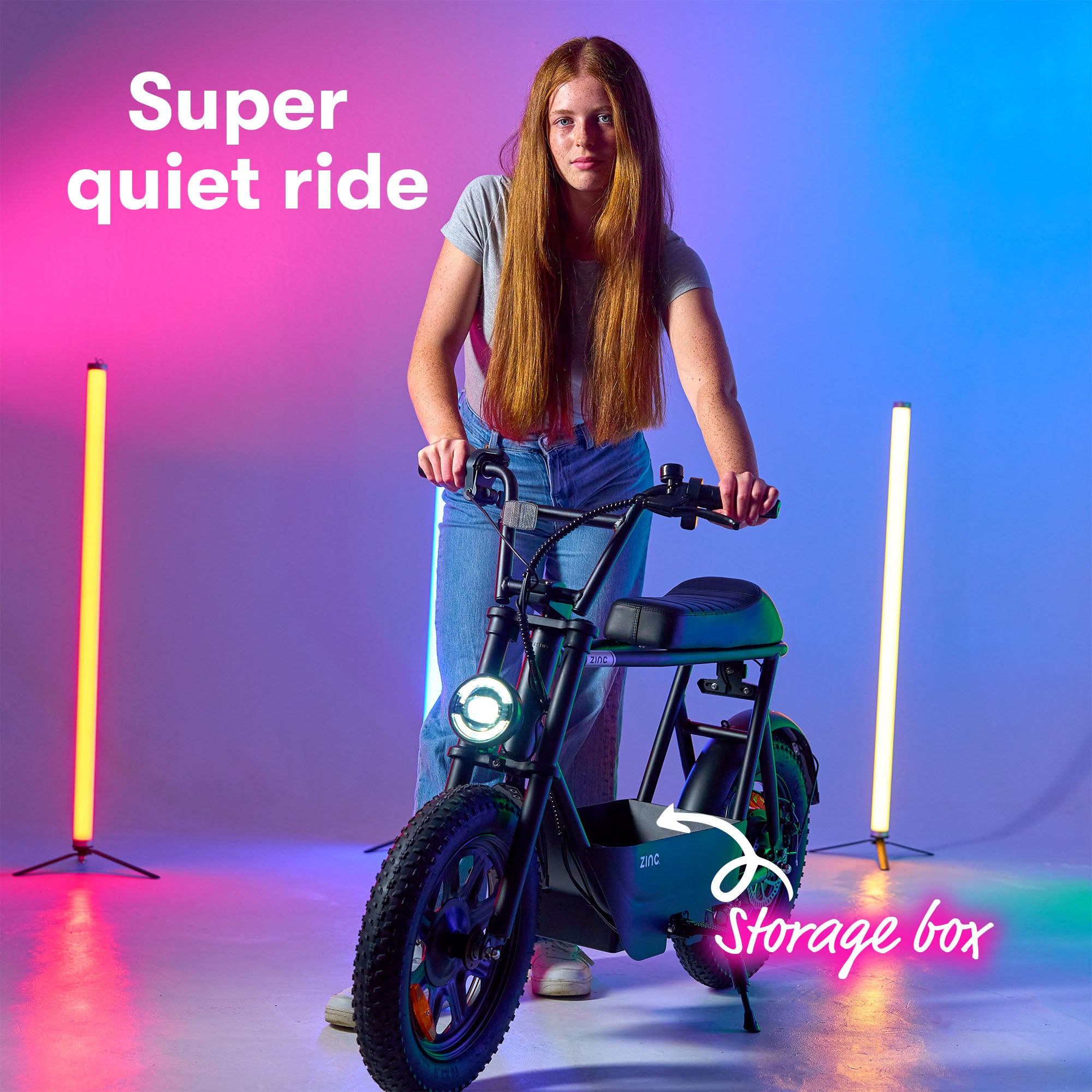 Electric scooter with removable carry box for belongings and kickstand for easy storage and parking