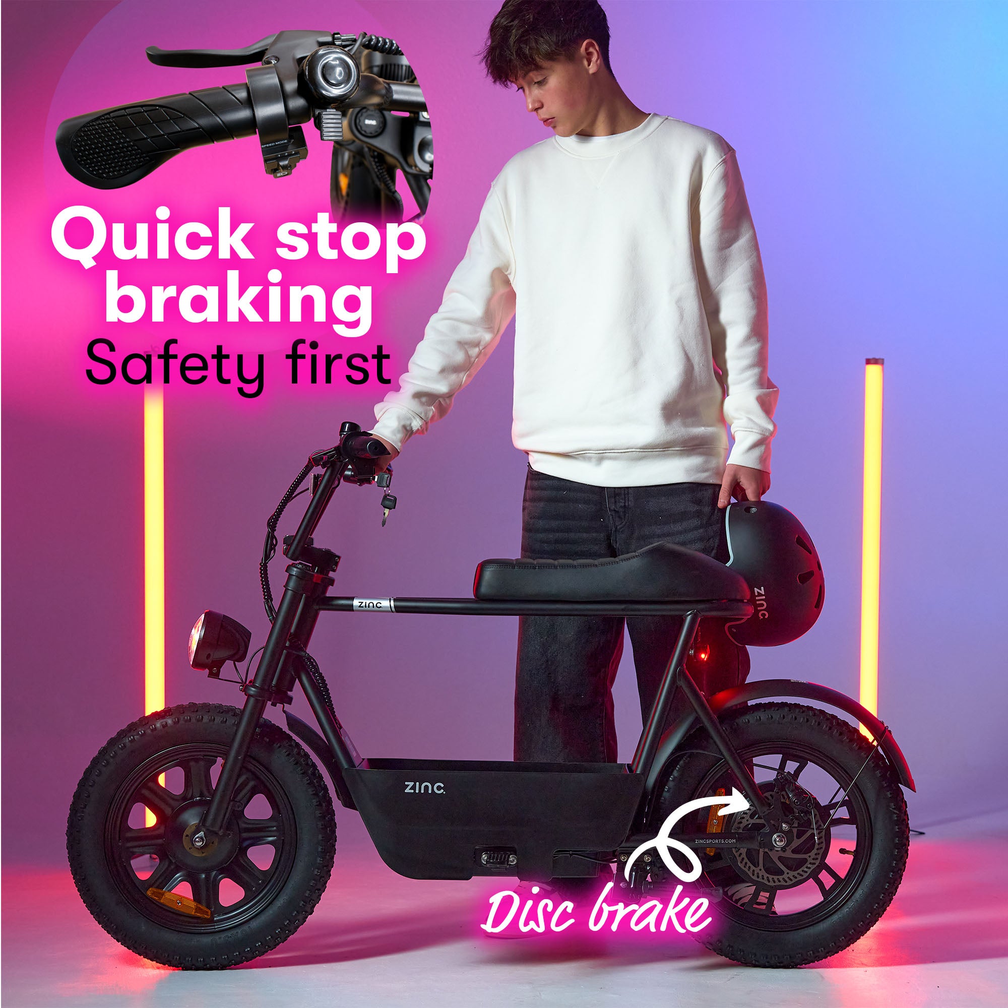 Electric seated scooter showing premium build quality with adjustable features and quick stop braking