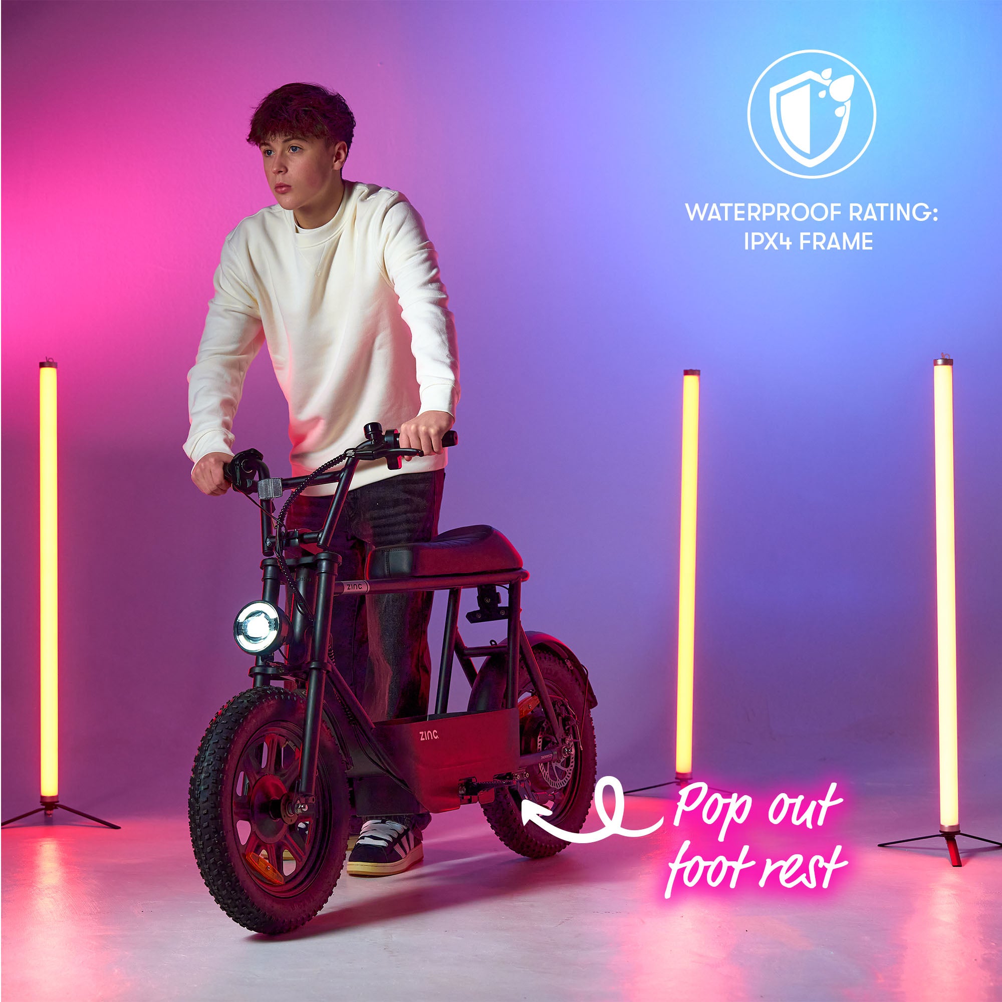 Electric seated scooter showing premium build quality with adjustable features and pop out foot rest