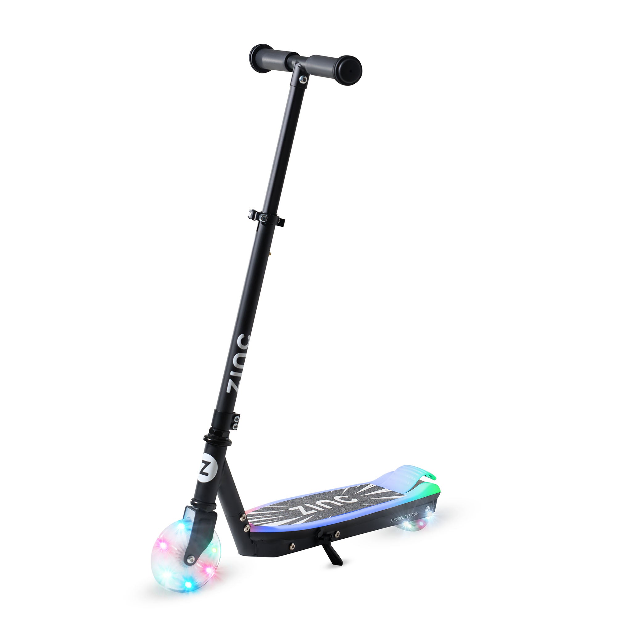 Zinc Spirit Kids Electric Scooter in black with illuminated LED deck and luminous front wheels for safe riding